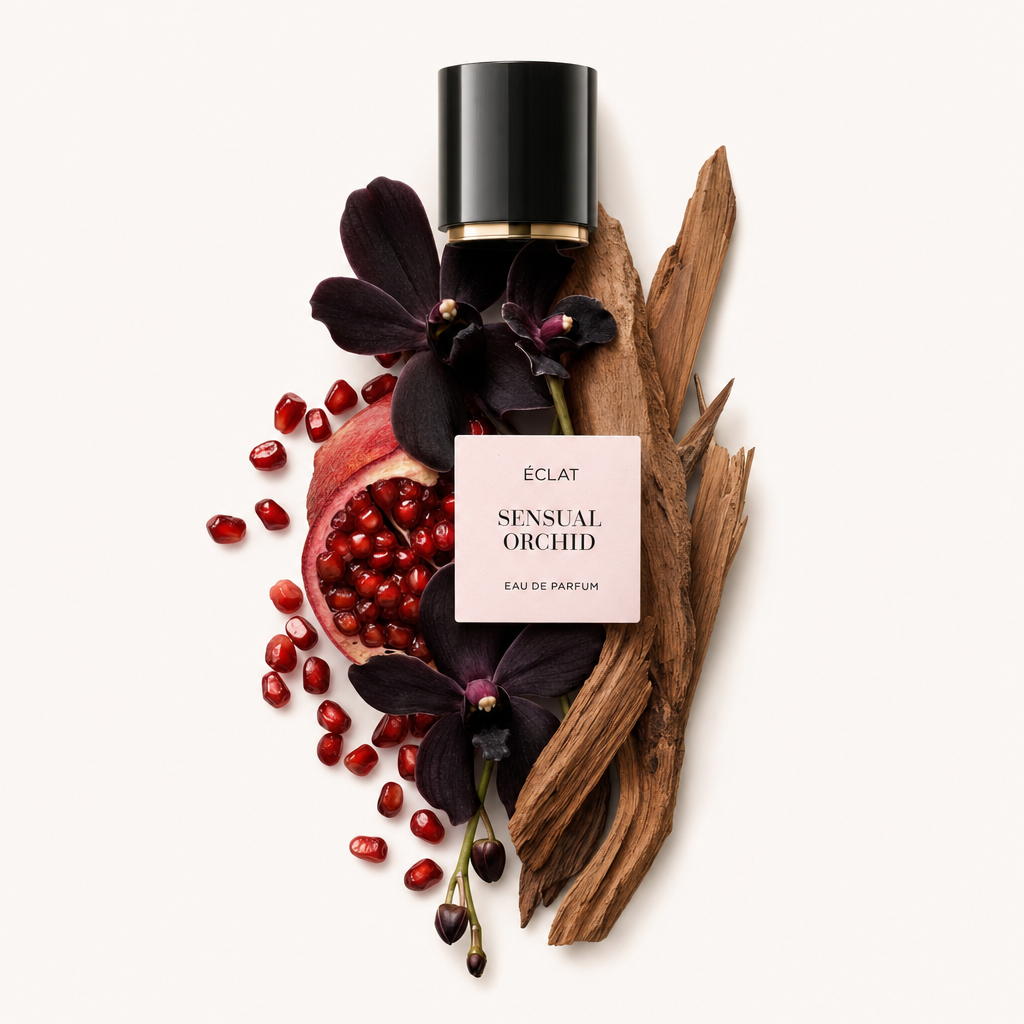 Un arrangement de graines de grenade, de fleurs d'orchidées sombres et de bâtons de bois entoure le capuchon noir original ÉCLAT Sensual Orchid avec étiquette.