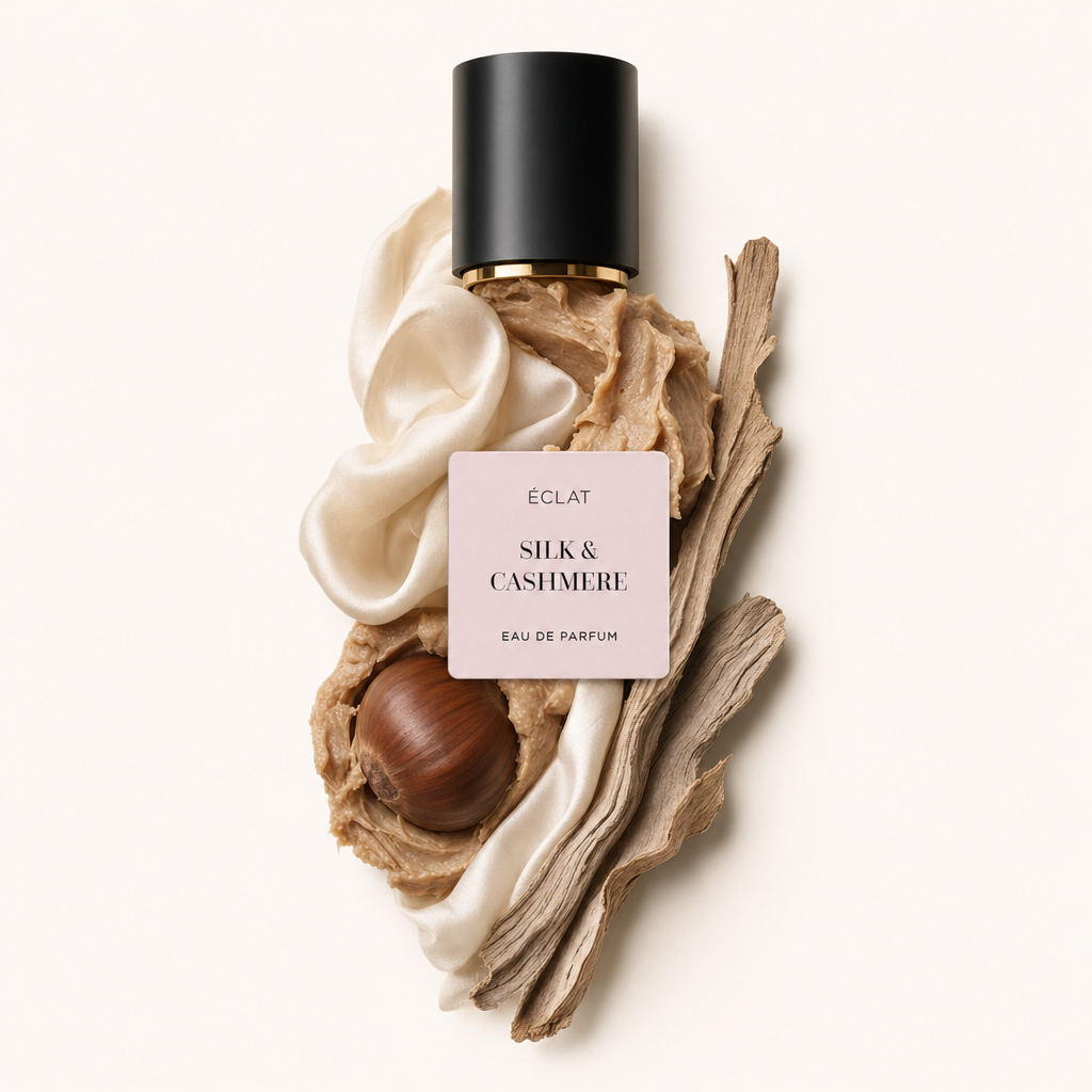 Une composition de tissu de soie, de notes crémeuses de cachemire et d'une seule noix, agrémentée d'un bouchon noir avec une étiquette ÉCLAT Silk & Cashmere.