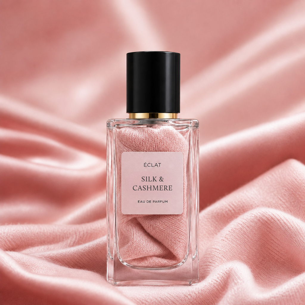 A faceted glass bottle of ÉCLAT Silk & Cashmere perfume with a black cap, set against soft pink fabric.