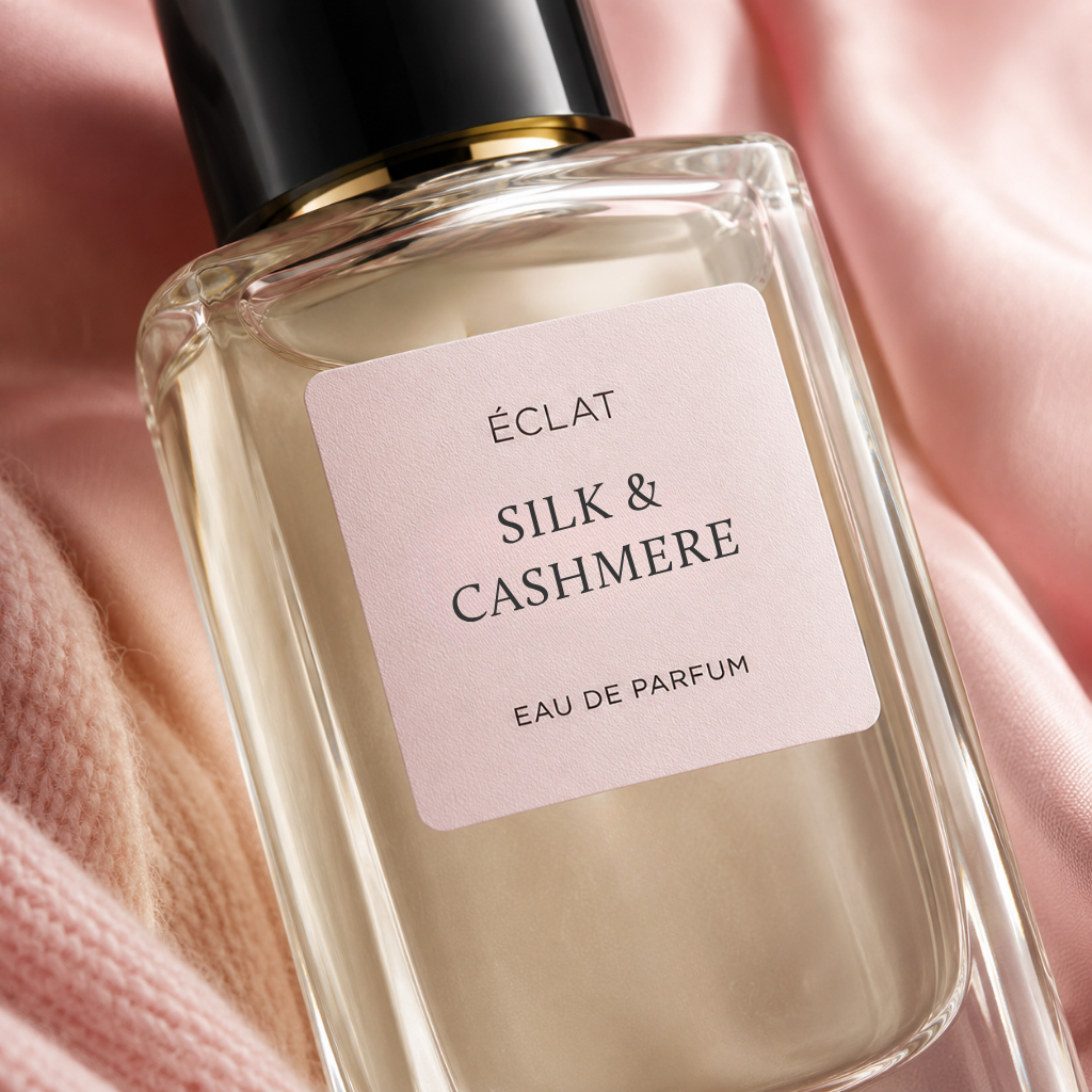 ÉCLAT Silk & Cashmere perfume bottle with a soft pink label, placed on textured pink fabric highlighting its elegance.