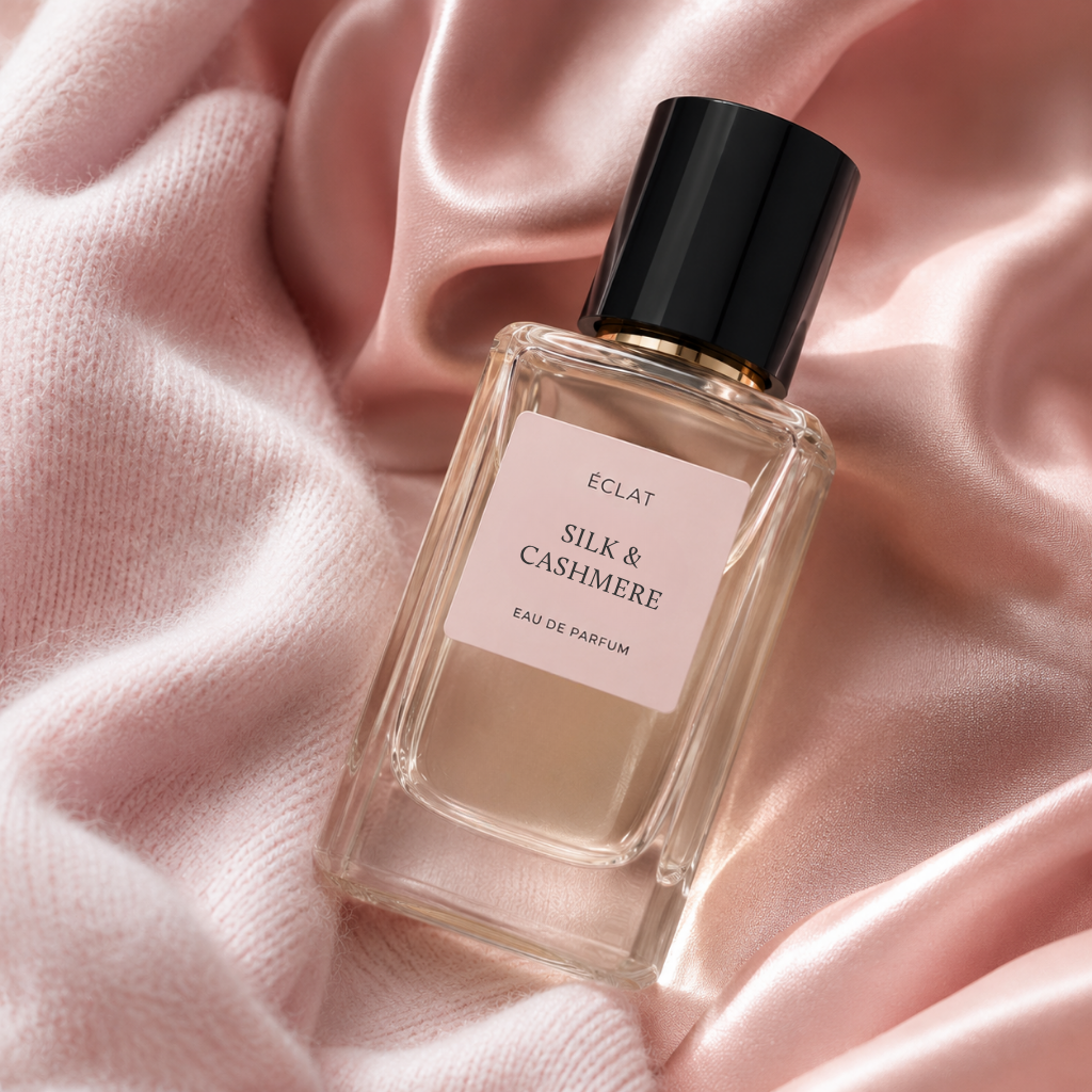 Faceted glass bottle of ÉCLAT Silk & Cashmere on pink silk fabric, with a black cap and soft light.