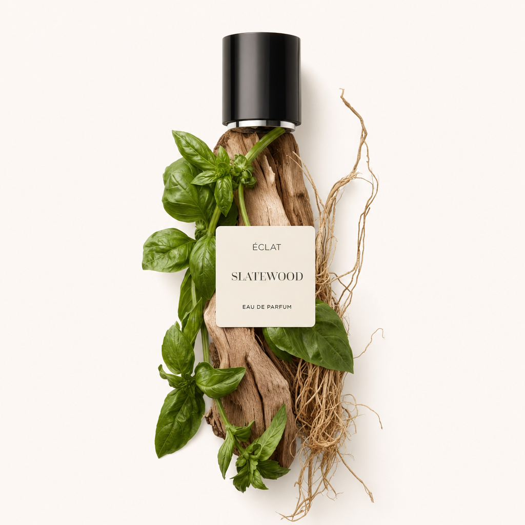 Un arrangement de bois flotté avec des feuilles de basilic frais et des racines, surmonté d'un bouchon noir avec étiquette ÉCLAT Slatewood.