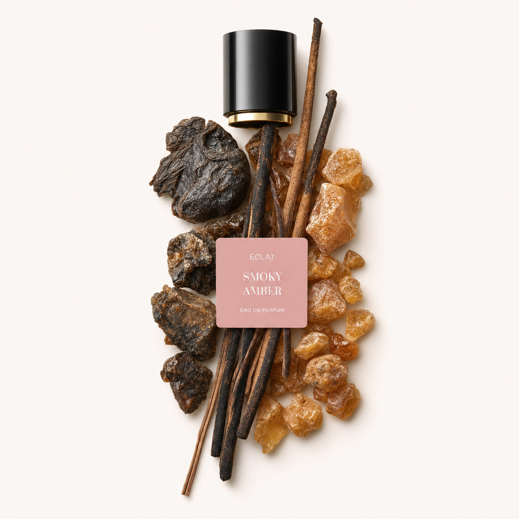 An arrangement of amber pieces, dry wood sticks, and dark resin with the ÉCLAT Smoky Amber cap featuring a black and gold design.