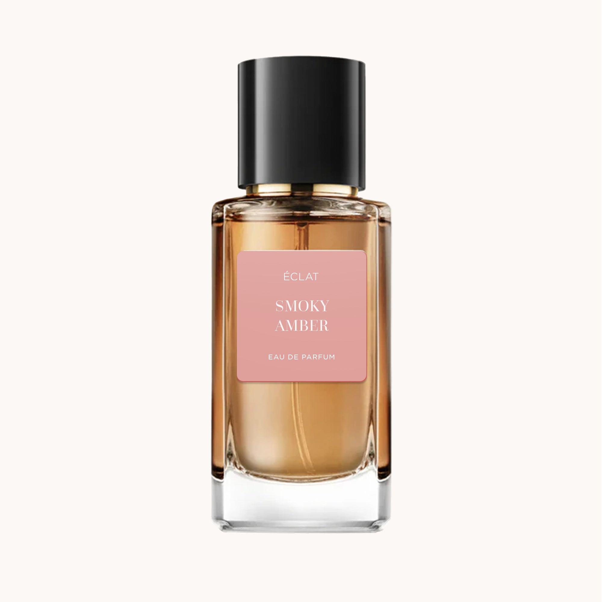 Elegante glazen fles van ÉCLAT Smoky Amber met zwarte dop en zachtroze etiket.