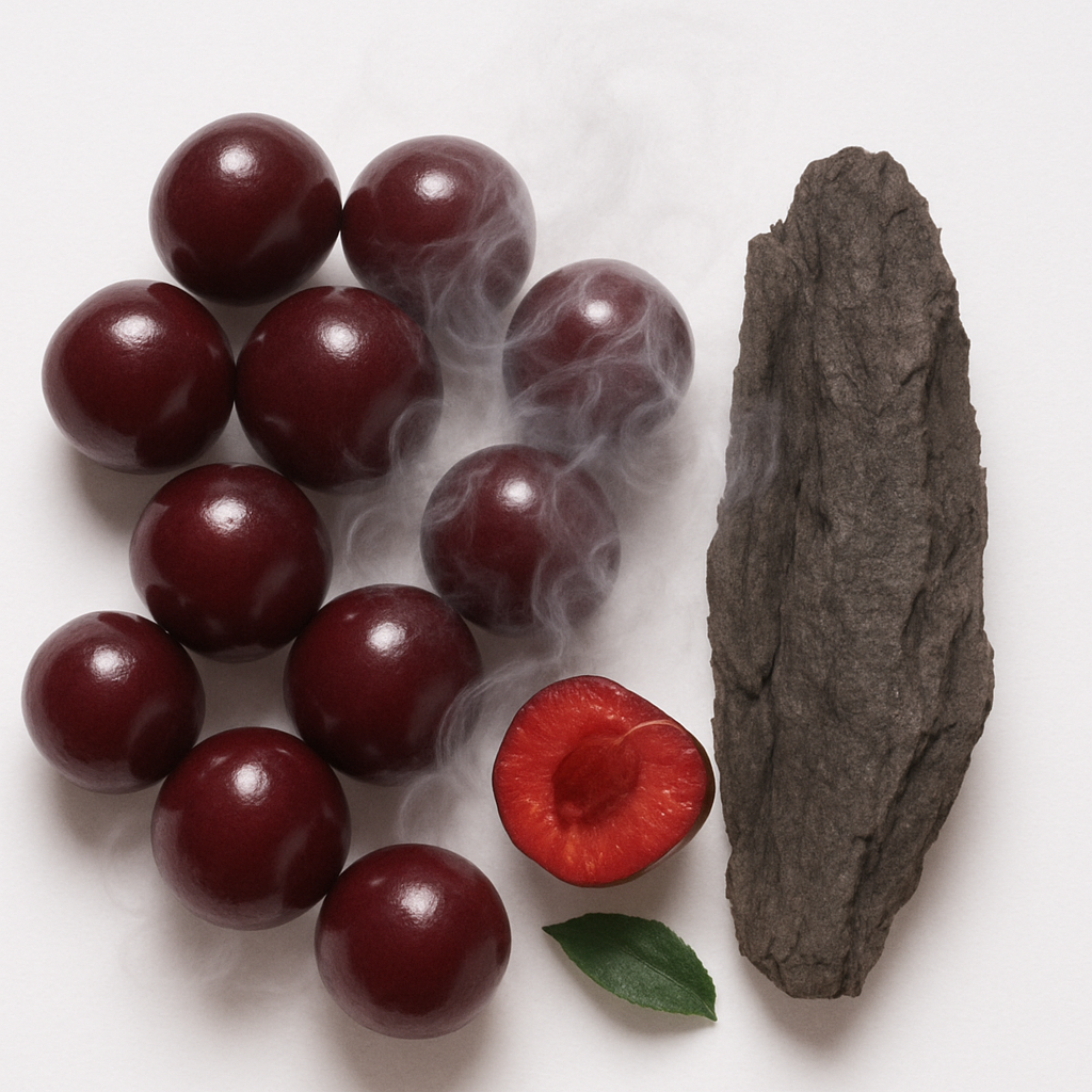 Ricas cerejas escuras e casca terrosa com um toque de fumo e uma folha verde fresca, capturando a essência de ÉCLAT Smoky Cherry.