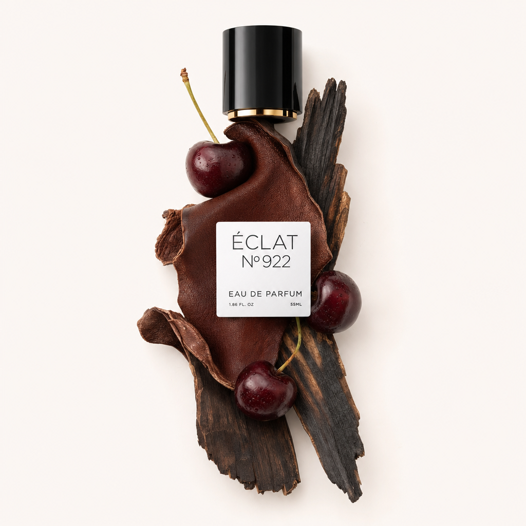 Um arranjo de cerejas maduras, madeira escura e um pedaço de couro com uma tampa preta com etiqueta, representando o ÉCLAT Smoky Cherry.