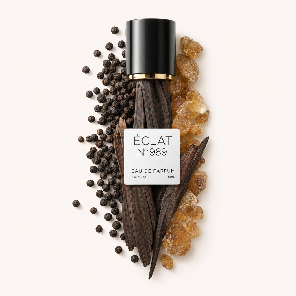 Un arreglo de madera de ébano, granos de pimienta negra y resina rodea la tapa negra de ÉCLAT con etiqueta.