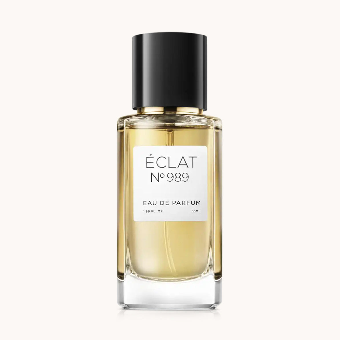 Frasco de vidrio facetado de ÉCLAT Smoky Ebony con tapa negra y etiqueta mate.