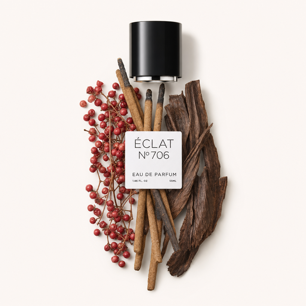 Un arreglo de bayas de pimienta rosa, palitos de canela y madera seca rodean una tapa negra con la etiqueta ÉCLAT 706 VIP.