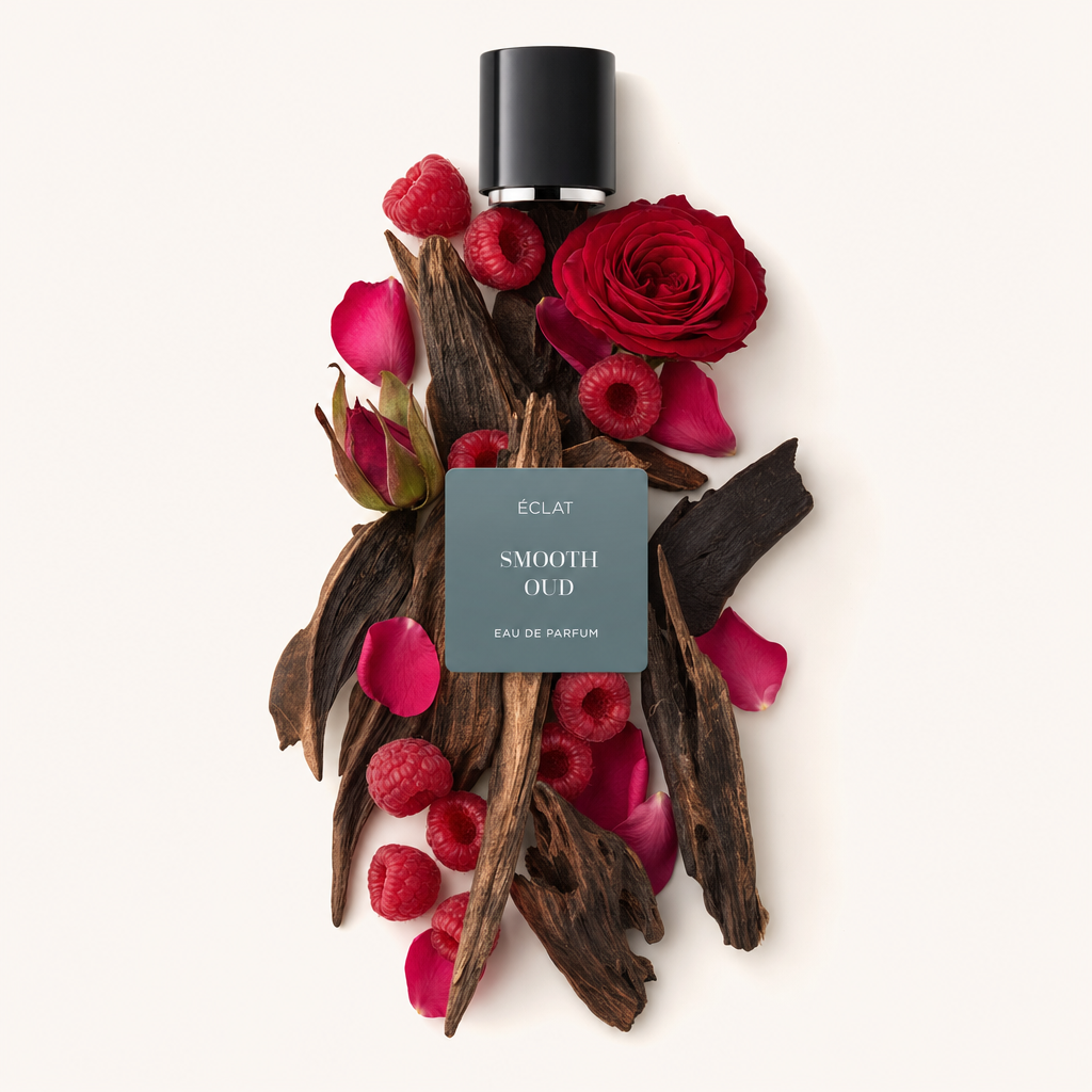 Un agencement de bois d'oud sombre, de framboises rouges vives et une seule rose rouge, avec l'étiquette ÉCLAT Smooth Oud et capuchon noir.
