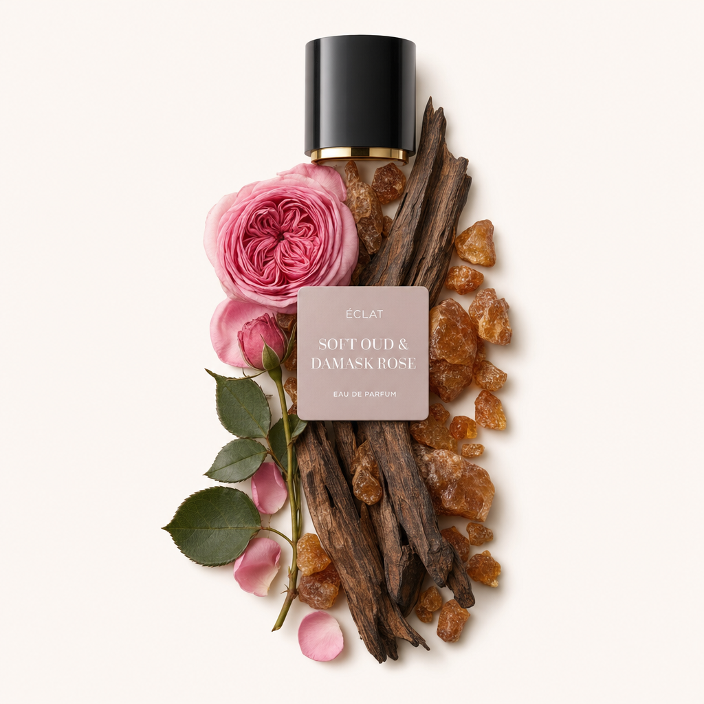 Un arrangement de bois de oud, rose de Damas, pétales de rose et résines d'ambre avec un capuchon noir étiqueté ÉCLAT Soft Oud & Damask Rose.