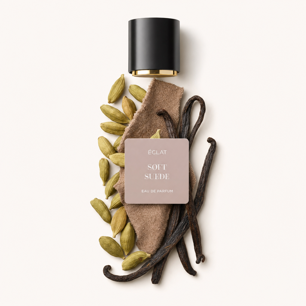 An arrangement of green cardamom pods and dark vanilla beans on soft suede fabric, with ÉCLAT Soft Suede label; a black cap with gold detail at the top.