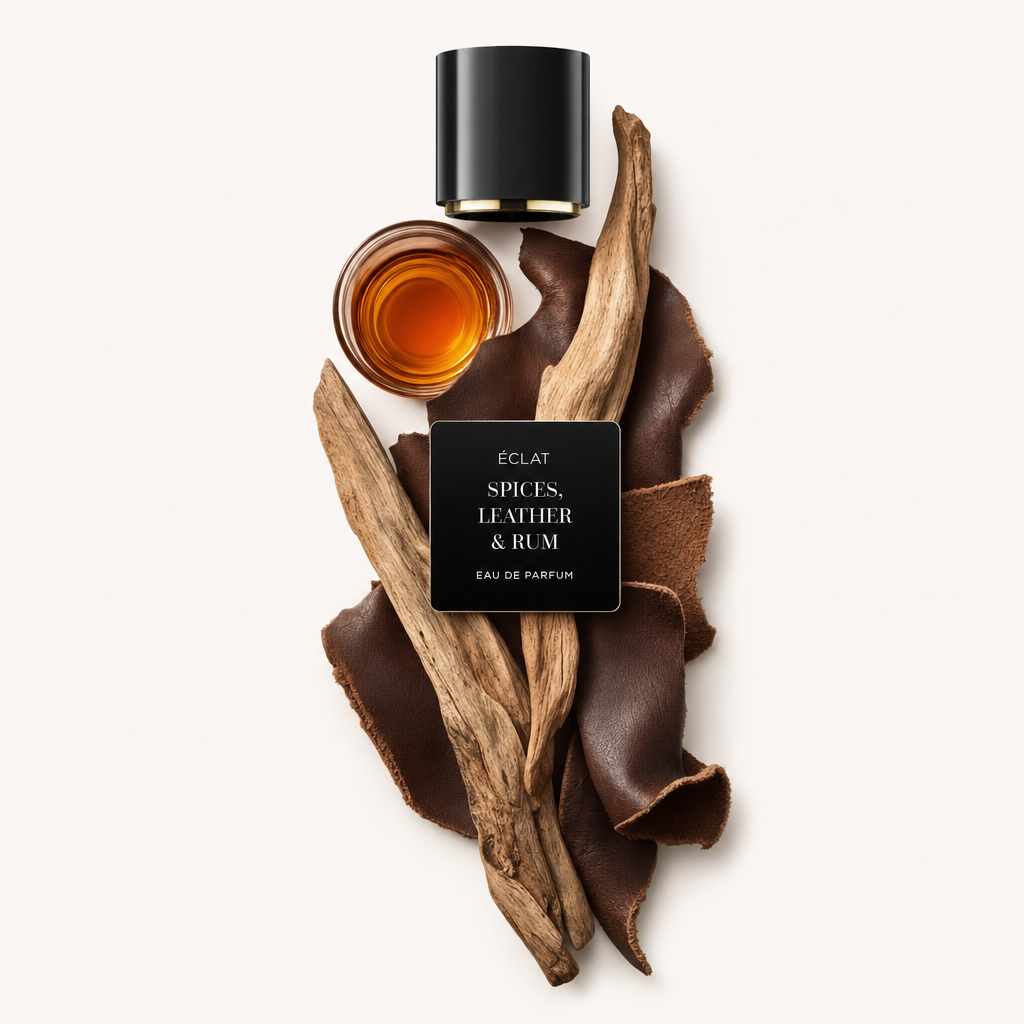 Un arrangement artistique de bois flotté, cuir marron et un verre de liquide ambré, surmonté d'un capuchon noir et d'une étiquette indiquant ÉCLAT Spices, Leather & Rum.
