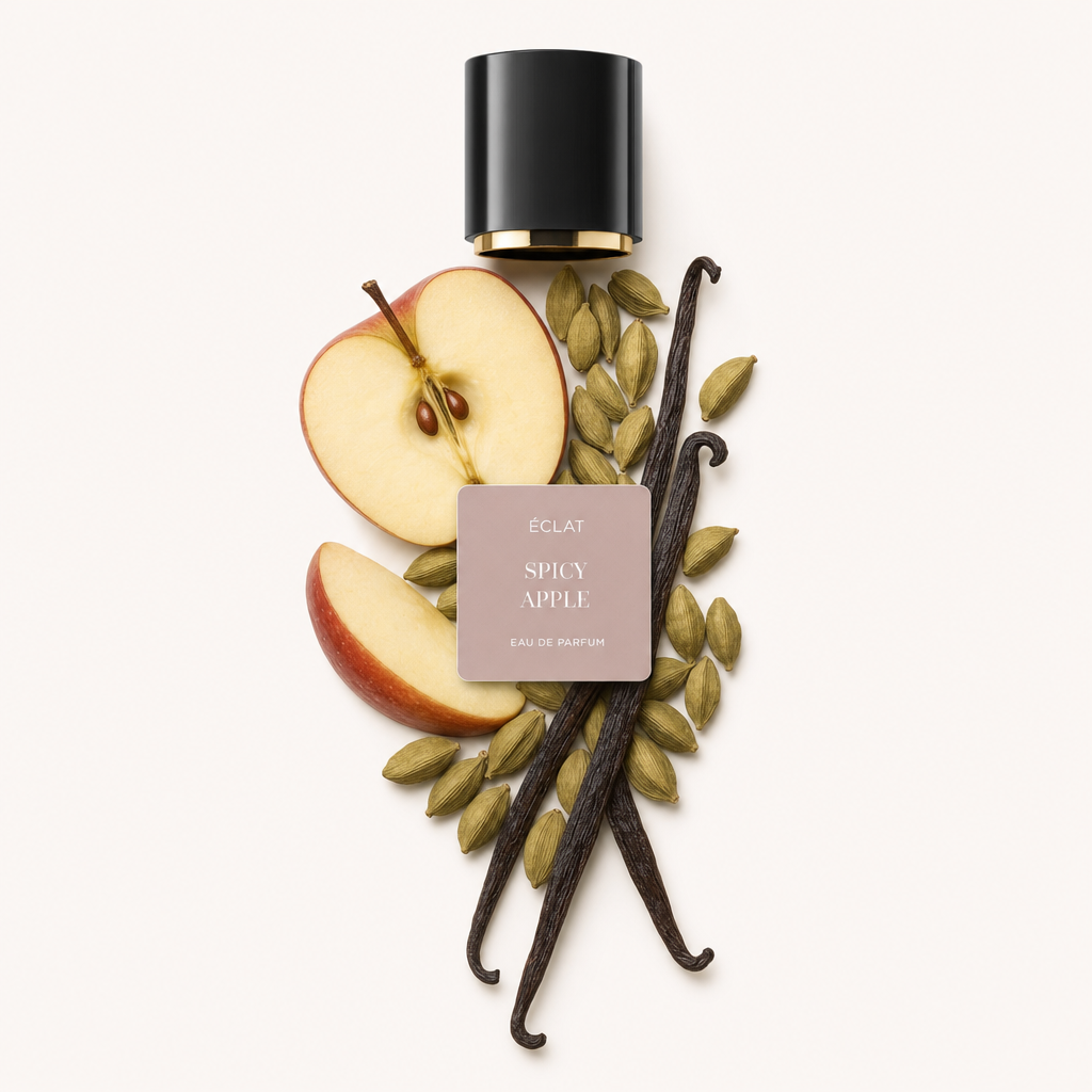 An arrangement of sliced apple, cardamom pods, and vanilla beans, with a black cap featuring a label for ÉCLAT Spicy Apple.