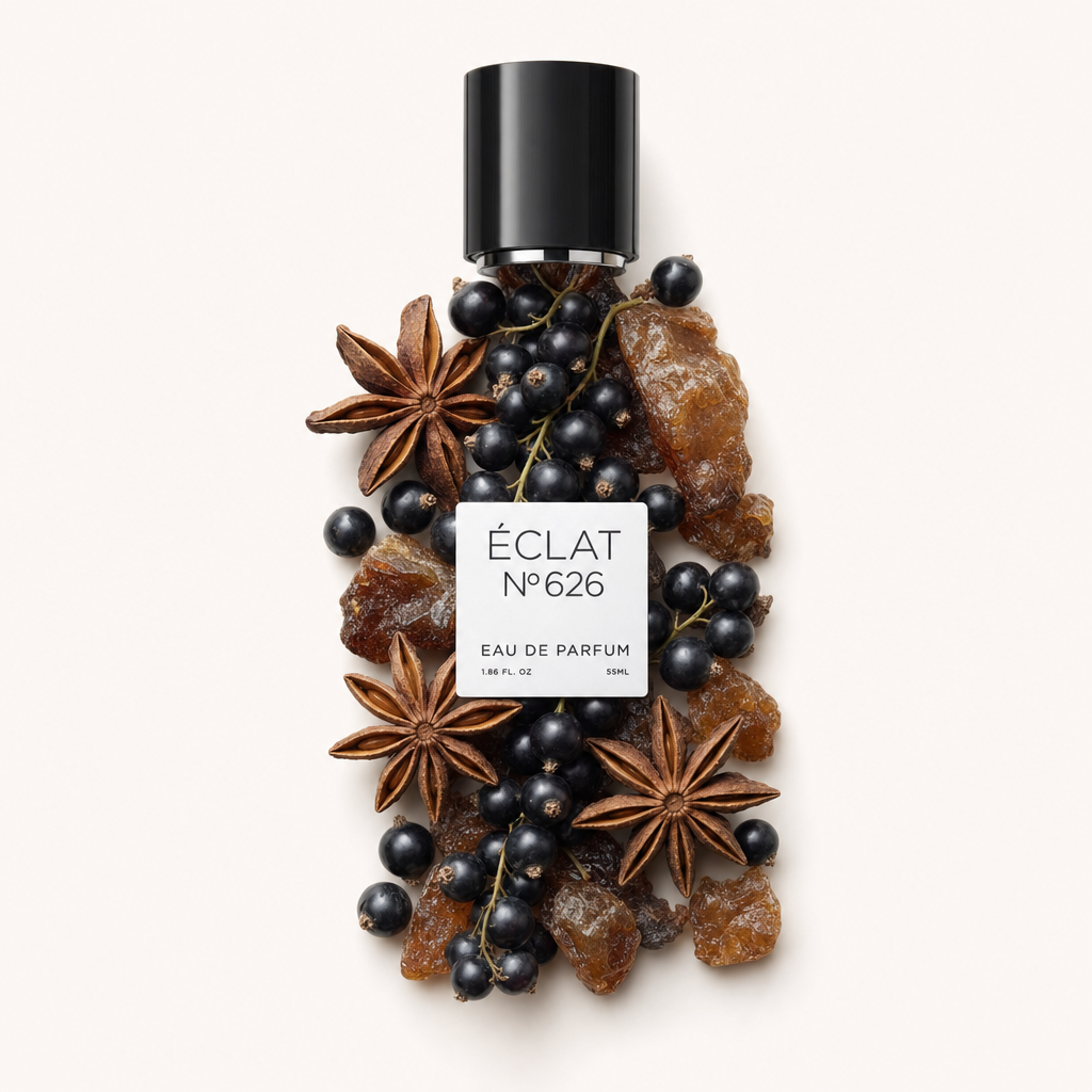 Un arrangement d'anis étoilé, de cassis et de cristaux de sucre brun entoure un capuchon noir avec étiquette ÉCLAT 626.