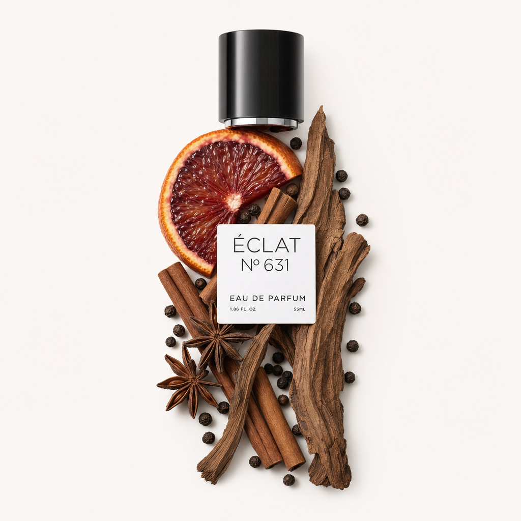 An artful arrangement of a blood orange slice, cinnamon sticks, star anise, black peppercorns, and woody spices surrounds a black cap with a label reading ÉCLAT 631.