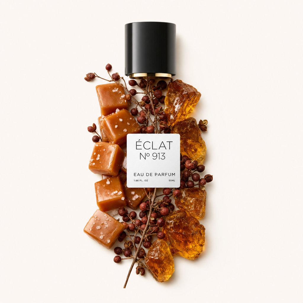 A hand-arranged still life of ÉCLAT Spicy Caramel ingredients with caramel squares, amber-like resin pieces, and pepper berries surrounding a black cap with a labeled tag.