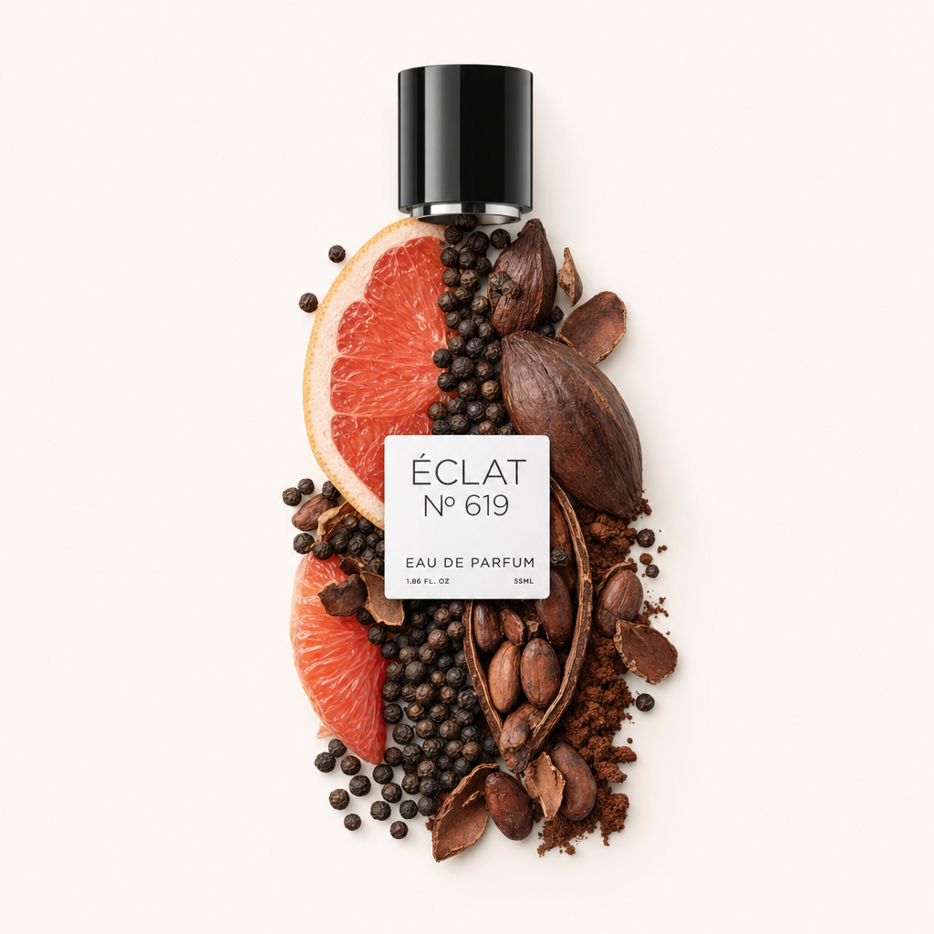 Une nature morte des ingrédients du parfum ÉCLAT Spicy Cocoa : tranches de pamplemousse, fèves de cacao et grains de poivre disposés autour d'un capuchon noir avec étiquette.