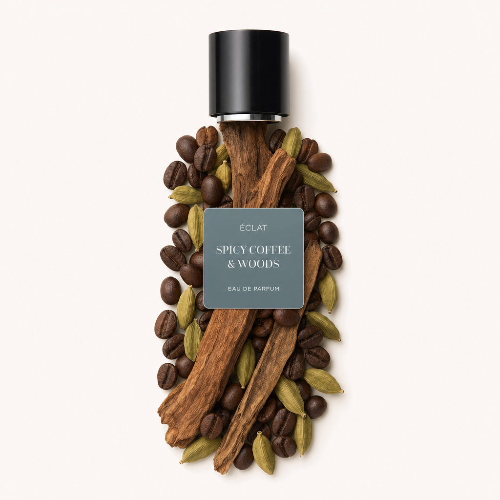 Un arrangement artistique de grains de café, gousses de cardamome et bâtons de bois entoure un bouchon noir avec une étiquette ÉCLAT Spicy Coffee & Woods.