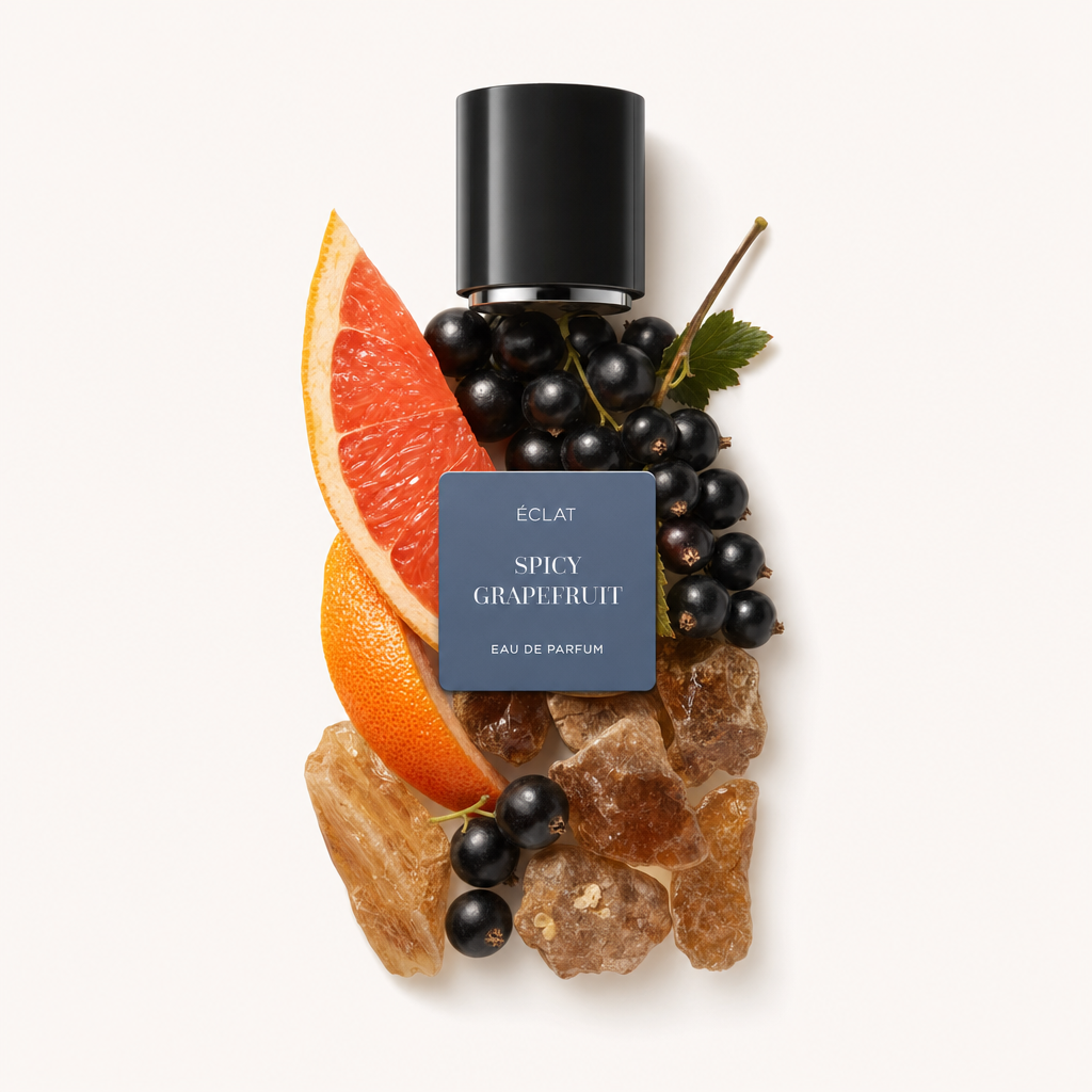 An arrangement of a grapefruit slice, blackcurrants, and amber crystals surrounds a black cap with an ÉCLAT Spicy Grapefruit label.
