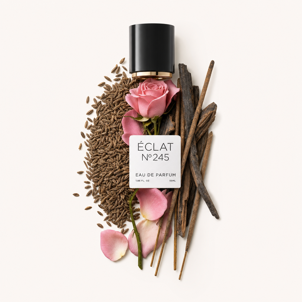 Une composition de pétales de rose, graines de cumin et bâtonnets d'encens entoure un capuchon noir ÉCLAT avec une étiquette élégante.