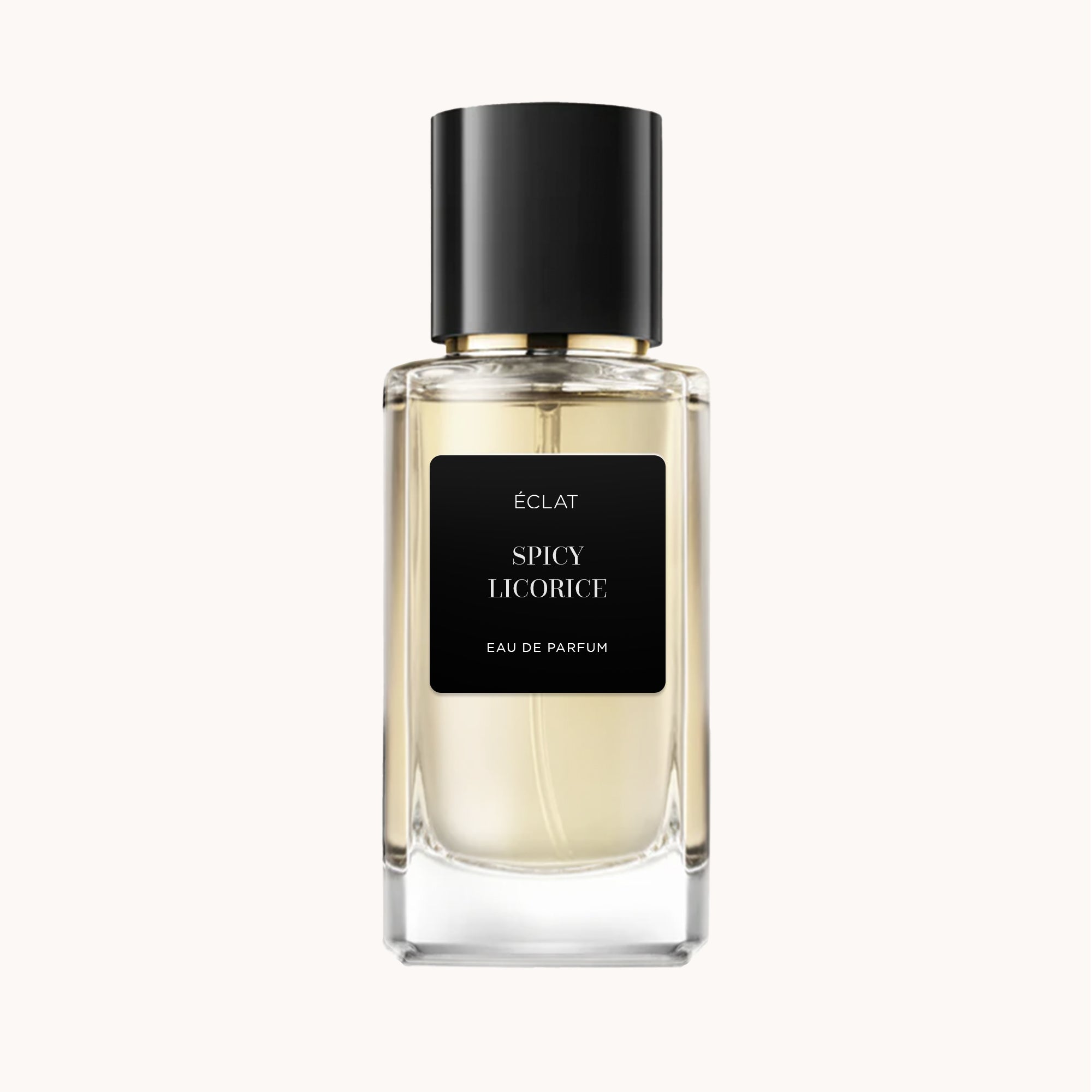 Elegante frasco de vidro com etiqueta preta de ÉCLAT Spicy Licorice, com tampa preta.