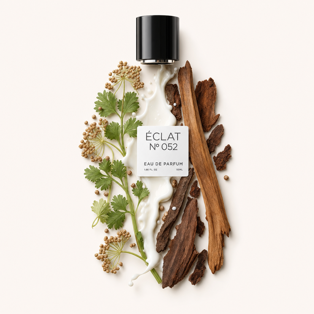 Un agencement de brins de coriandre, de liquide blanc laiteux et de fragments de bois sombres entoure un capuchon noir avec étiquette. ÉCLAT Spicy Milk.