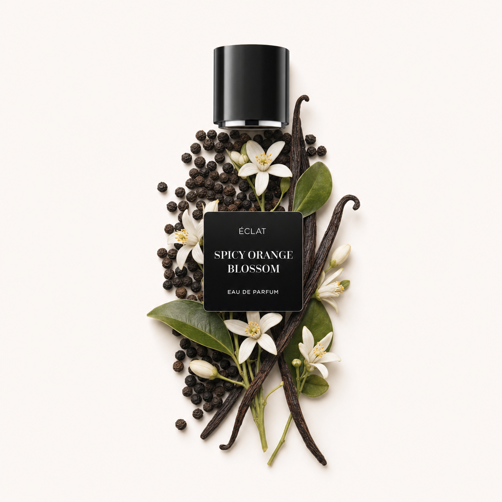 Un arrangement de gousses de vanille, de grains de poivre noir et de fleurs de fleur d'oranger, sous un capuchon noir étiqueté ÉCLAT Spicy Orange Blossom.