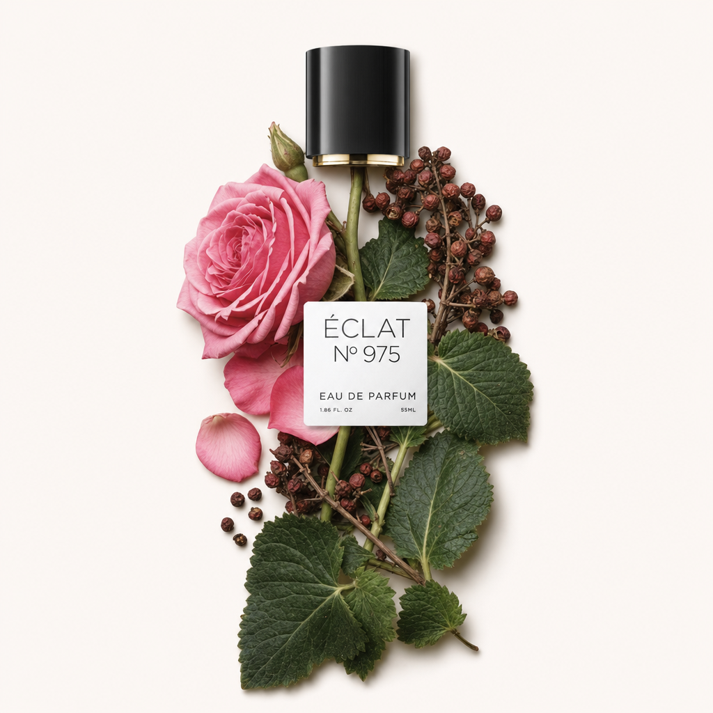 Una composición cuidadosamente dispuesta de una rosa rosa, hojas verdes y granos de pimienta, con una tapa negra etiquetada ÉCLAT al lado.