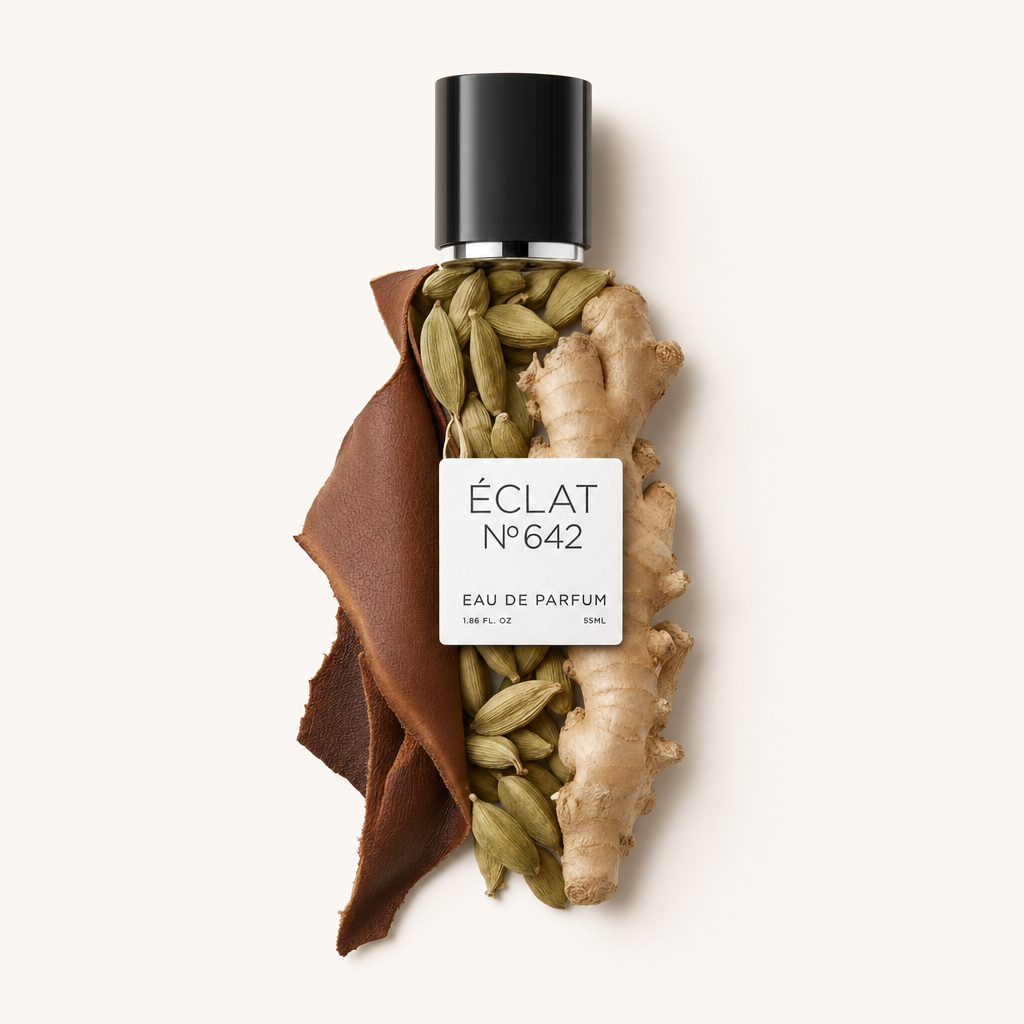 An arrangement of ginger root, cardamom pods, and a strip of brown leather with a black ÉCLAT cap and label on top.