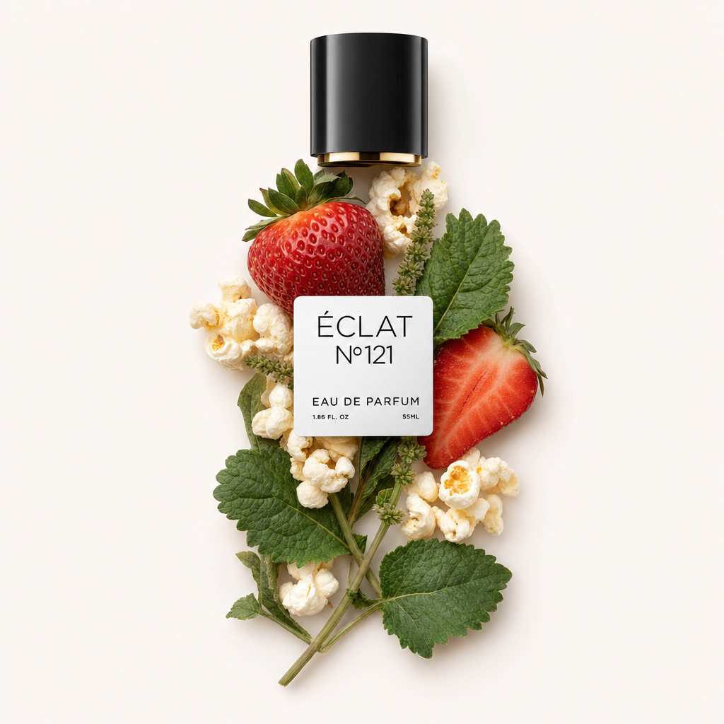 Une nature morte arrangée à la main présente des fraises, du pop-corn et des feuilles vertes autour du bouchon noir original d'ÉCLAT avec étiquette.