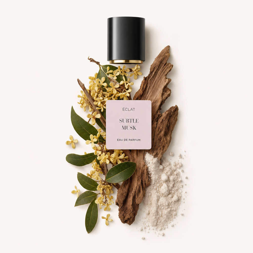 Un agencement de fleurs jaunes délicates, de feuilles vertes, de bois rustique et de poudre blanche, à côté d'un bouchon noir avec une bande dorée et une étiquette ÉCLAT Subtle Musk.