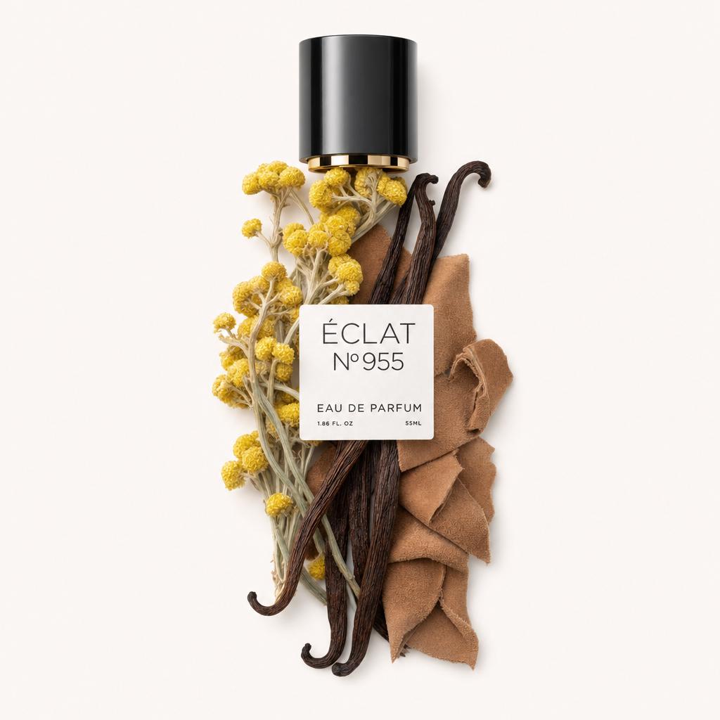 Ett arrangemang av gula blommor, vaniljstänger och mockabitar omger den ursprungliga svarta kapsylen med etikett för ÉCLAT Suede & Vanilla.