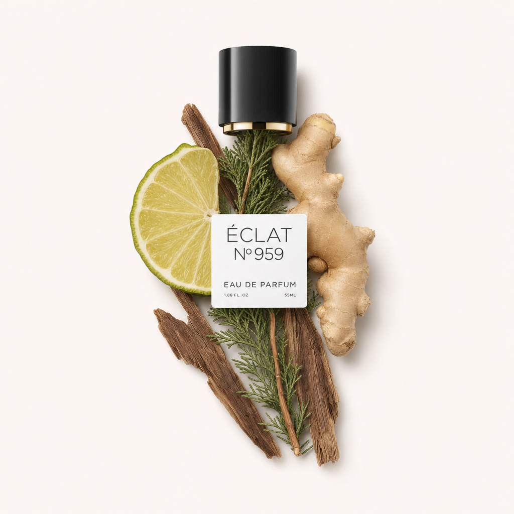 Un arrangement avec racine de gingembre frais, une tranche de bergamote et des branches de cèdre autour du capuchon noir d'ÉCLAT avec étiquette pour Sunny Bergamot.
