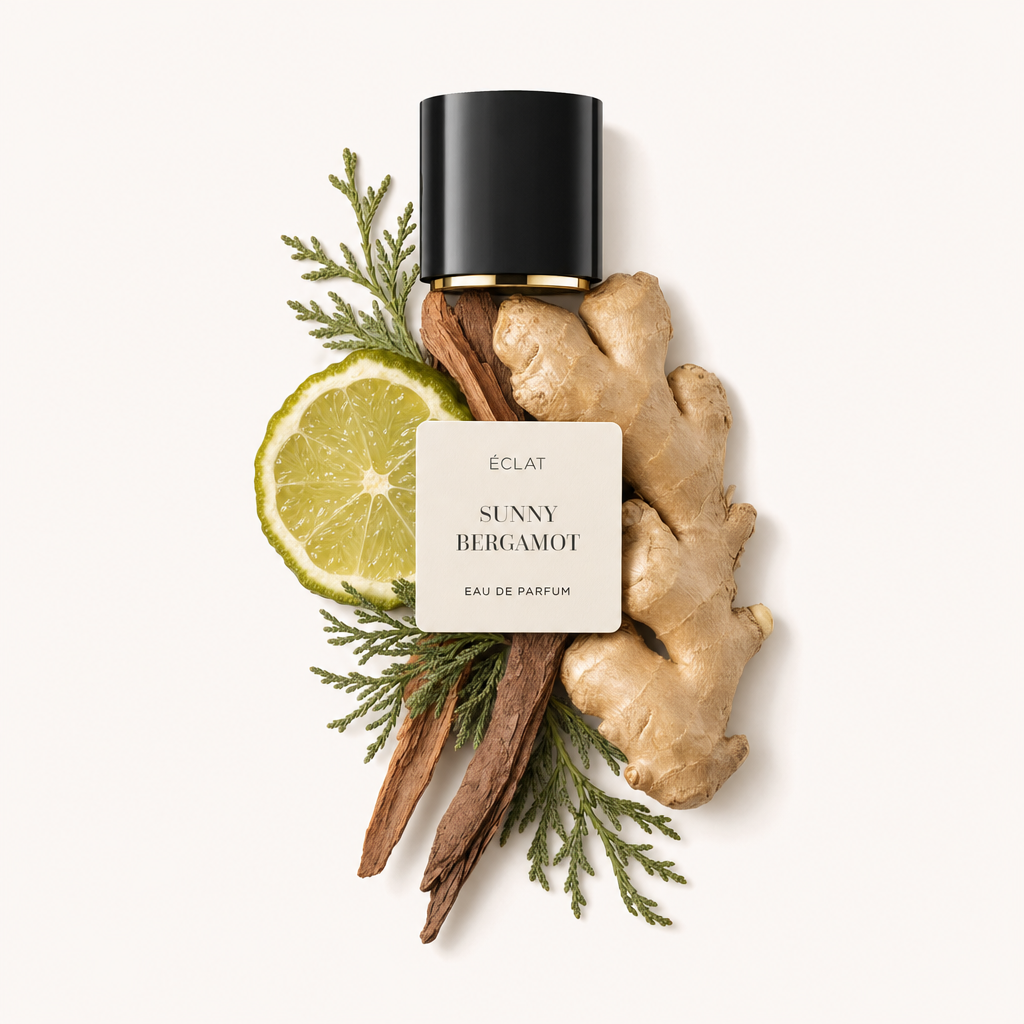 An arrangement featuring a slice of bergamot, ginger root, and wood notes encircling a black cap with ÉCLAT Sunny Bergamot label.