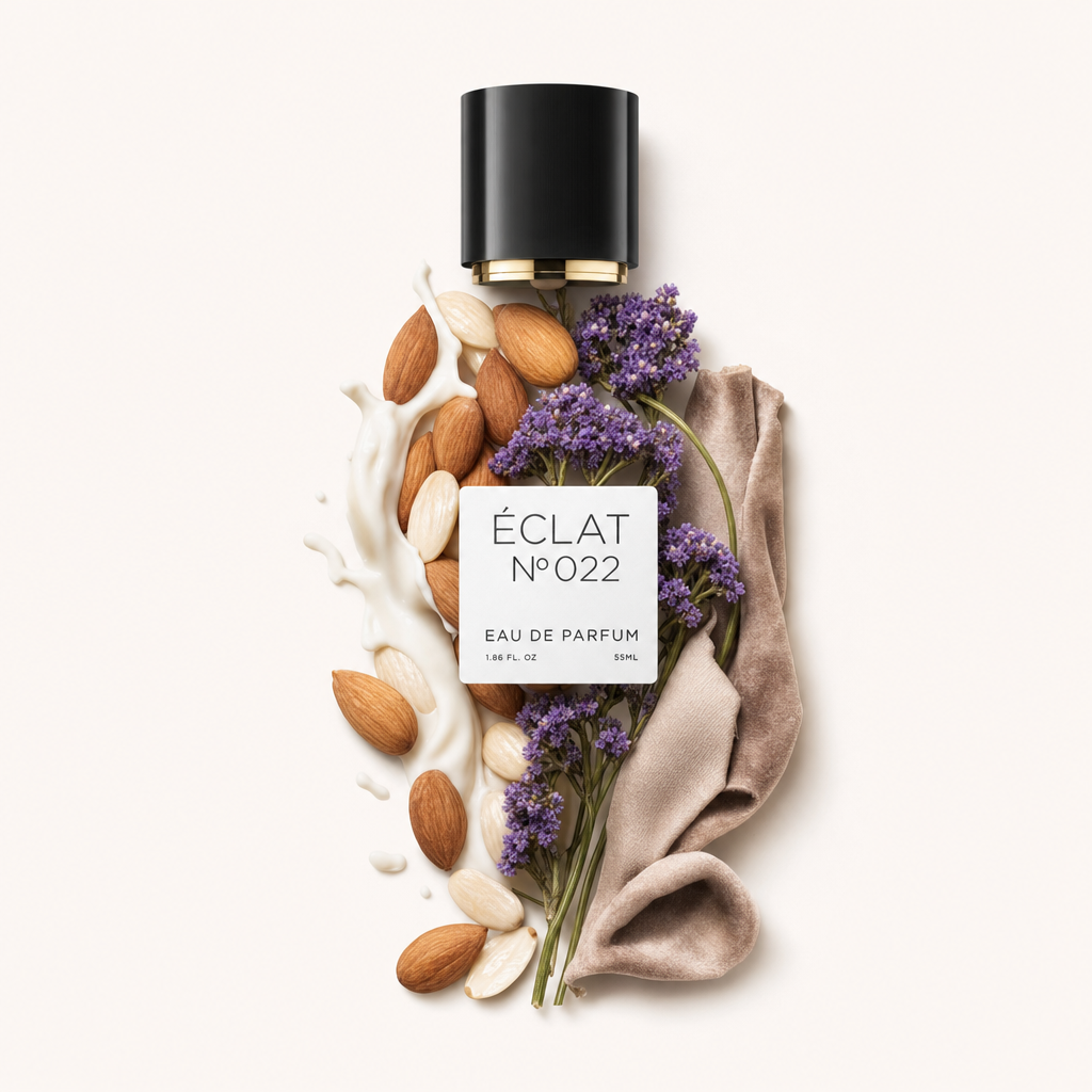 An arrangement of almonds, milk splash, and purple flowers surrounds a black cap with a label of ÉCLAT Sweet Almond Milk.