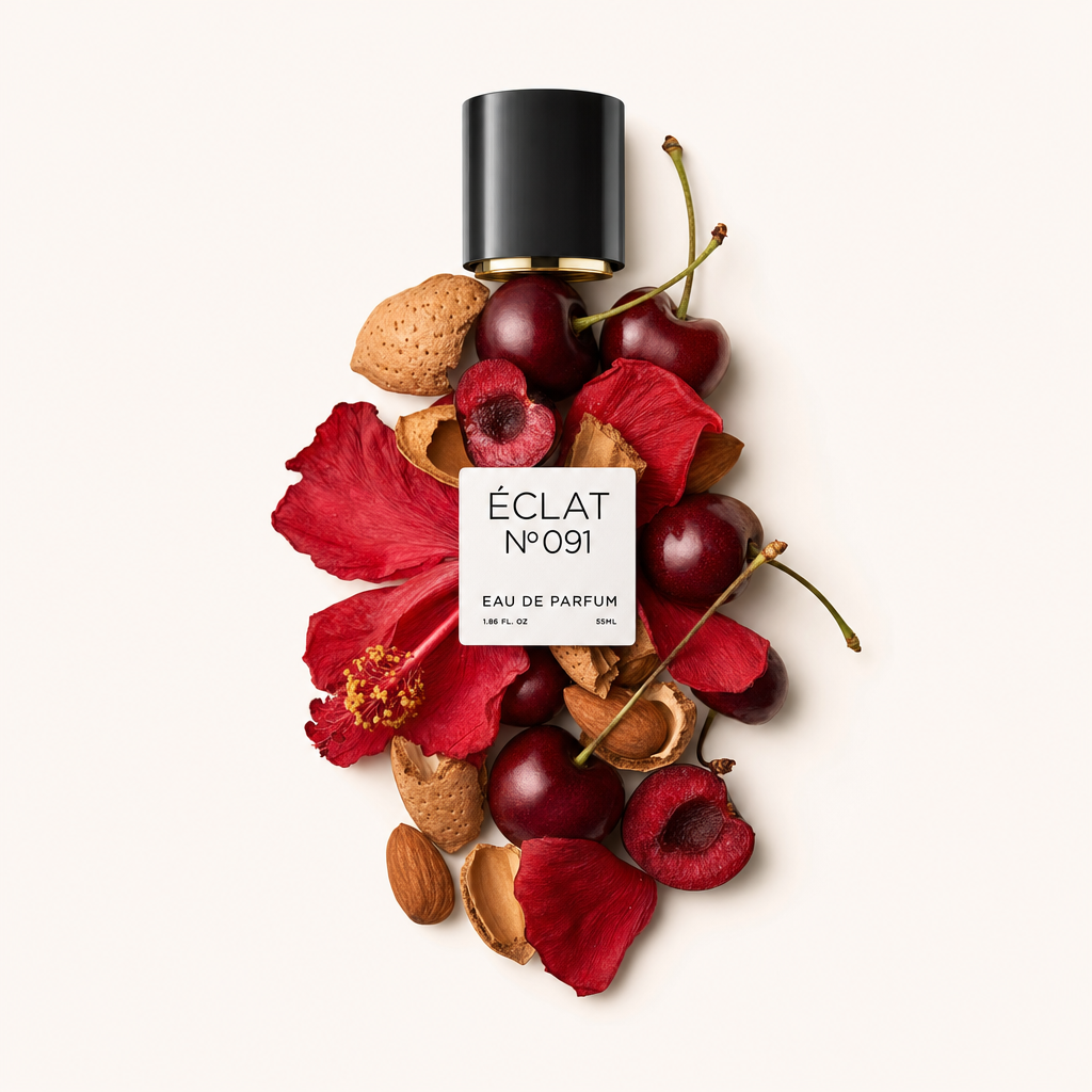 A composition of cherries, almond shells, and red hibiscus petals surrounds a black cap with the ÉCLAT Sweet Amaretto label.
