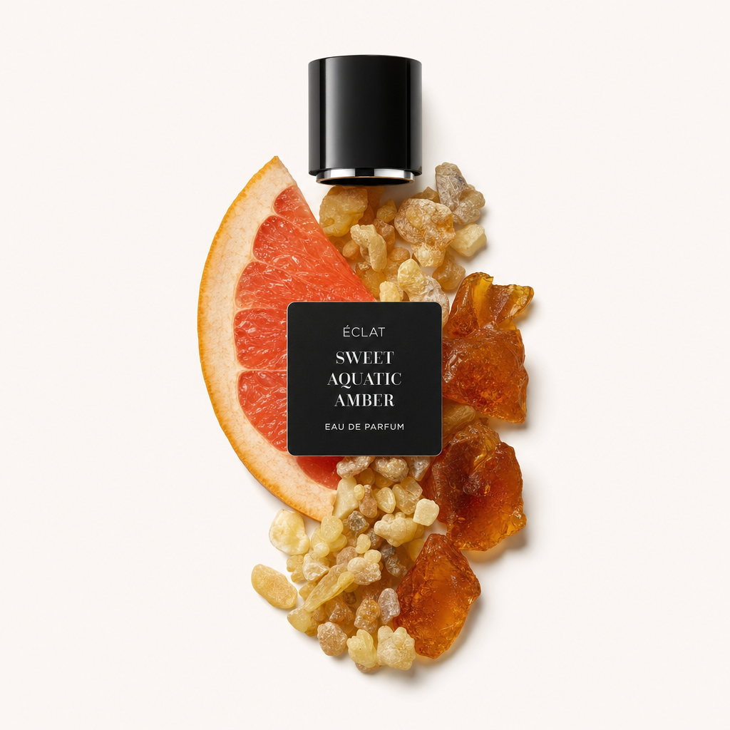 Un arrangement de pamplemousse, résine et ambre entoure le capuchon original ÉCLAT Sweet Aquatic Amber avec étiquette.