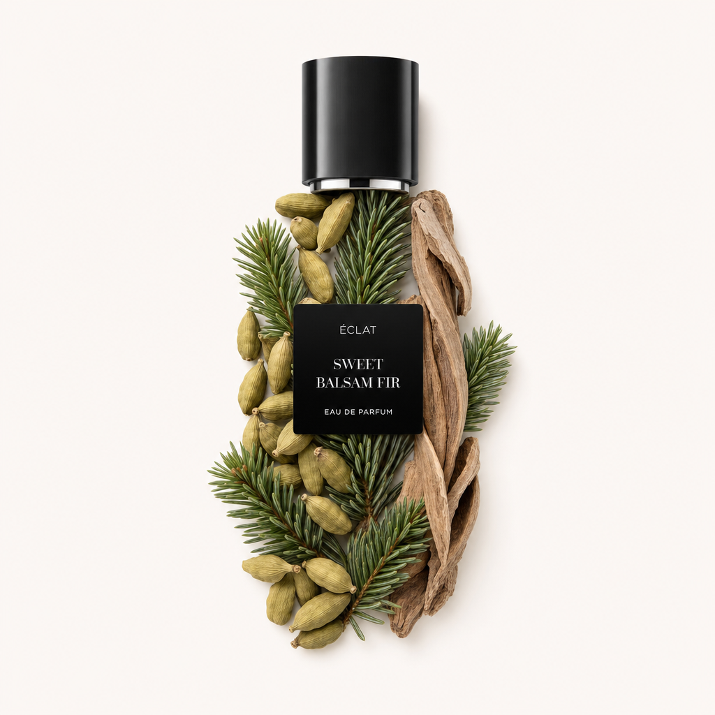Un arrangement de brins de sapin baumier, gousses de cardamome et copeaux de bois entoure un bouchon noir avec étiquette ÉCLAT Sweet Balsam Fir.