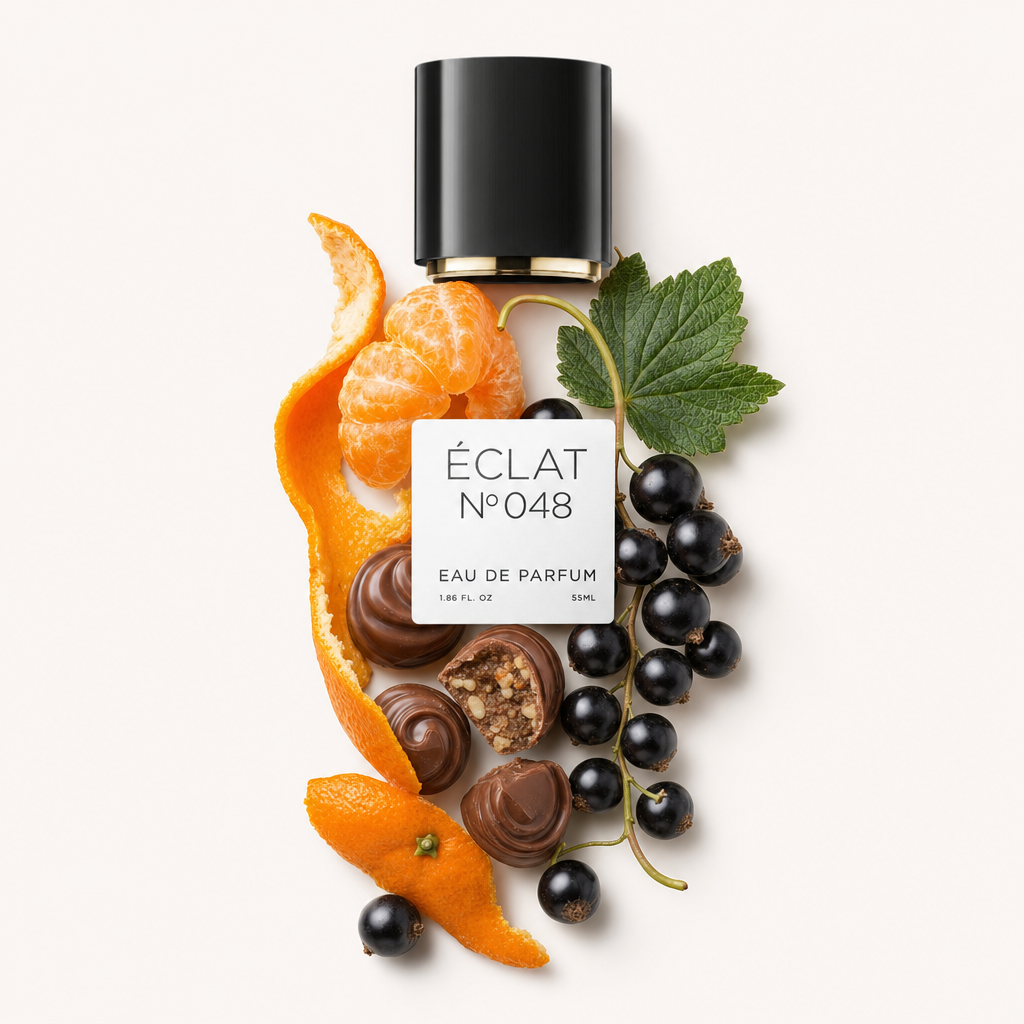 Un arrangement de cassis frais, de zeste d'agrumes et de chocolats entoure un bouchon noir avec une étiquette pour ÉCLAT Sweet Blackcurrant.