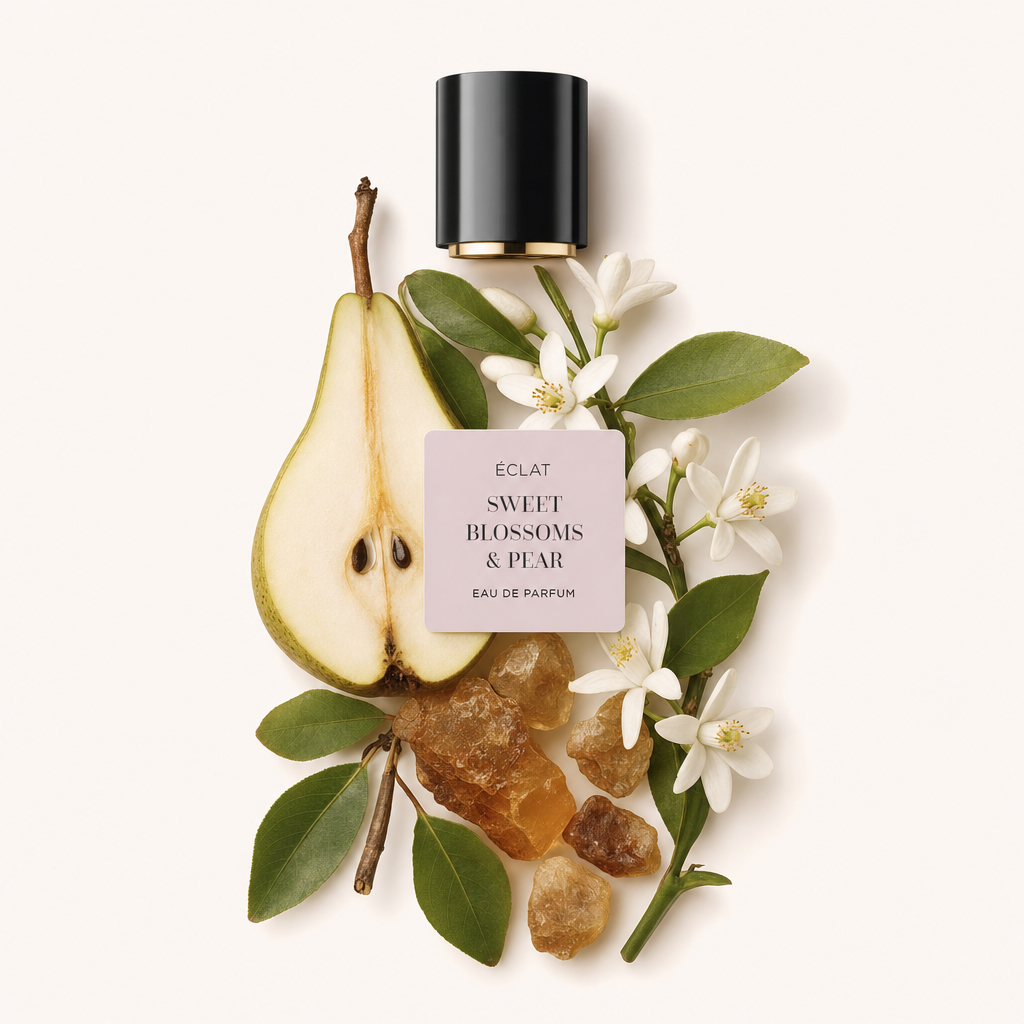 Une composition soignée avec une poire tranchée, de délicates fleurs blanches et de la résine ambrée, surmontée du bouchon original ÉCLAT, étiquetée 'Sweet Blossoms & Pear'.