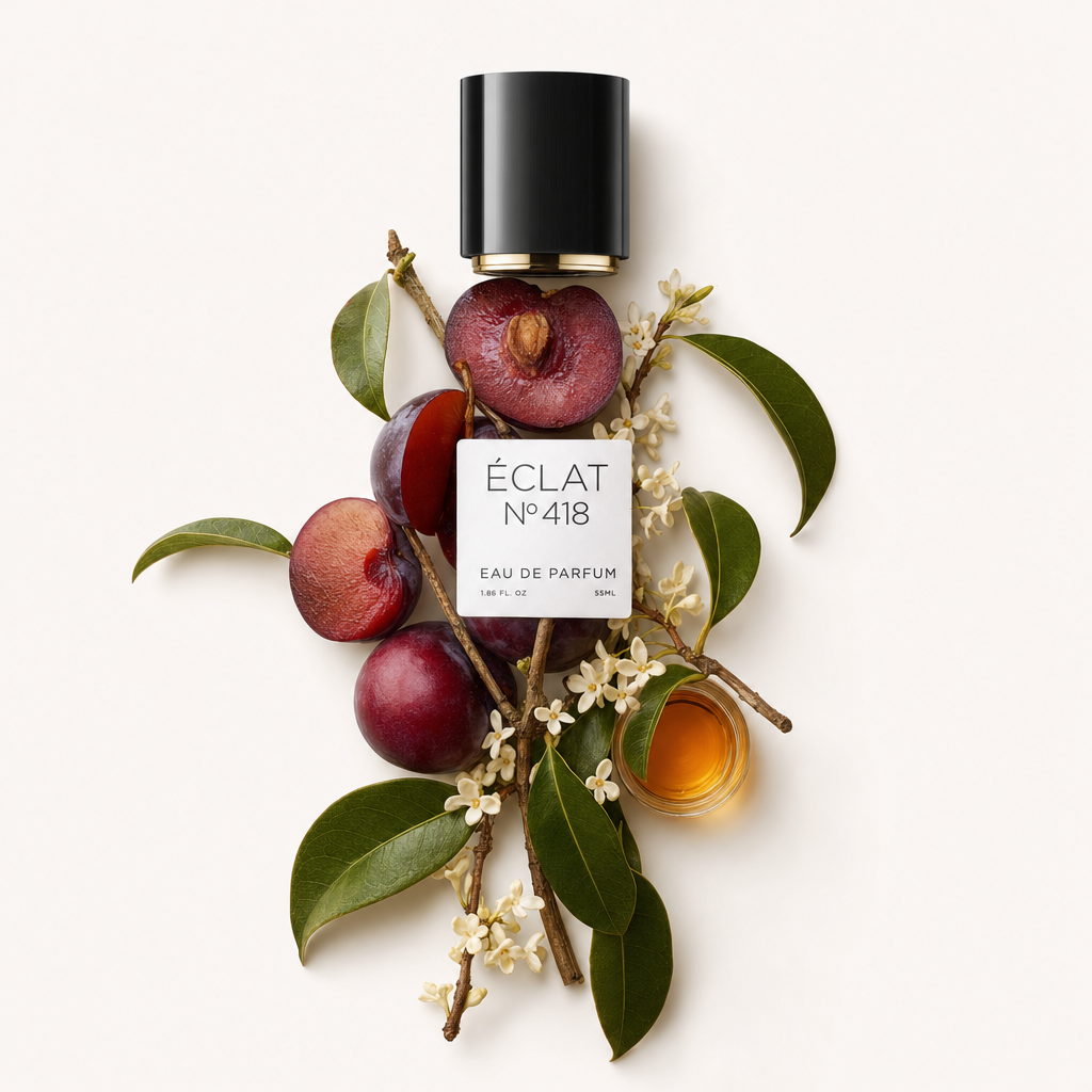 Un arreglo de ciruelas frescas, hojas verdes y delicadas flores con una tapa negra y etiqueta de ÉCLAT Sweet Cherry Plum.