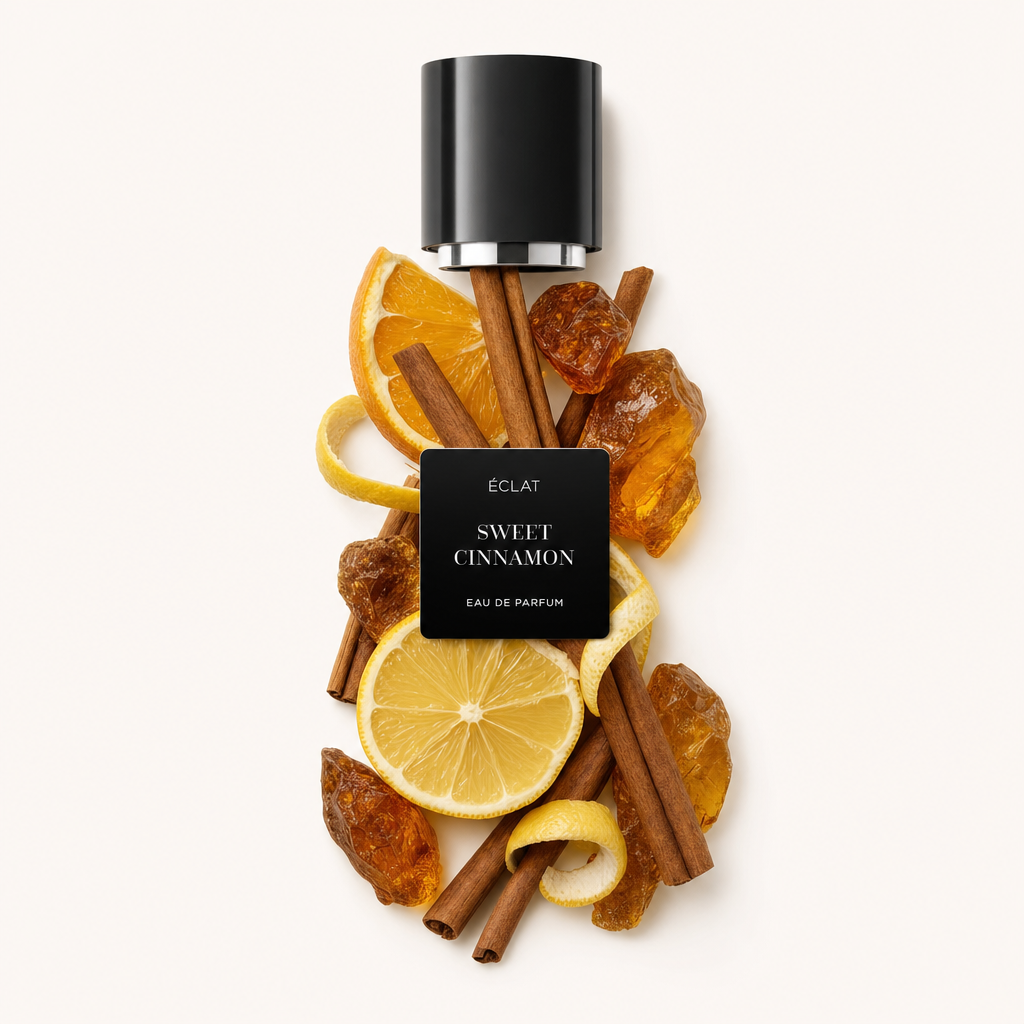 Un arrangement de bâtons de cannelle, tranches d'agrumes et résine d'ambre autour d'un bouchon noir avec étiquette ÉCLAT Sweet Cinnamon.