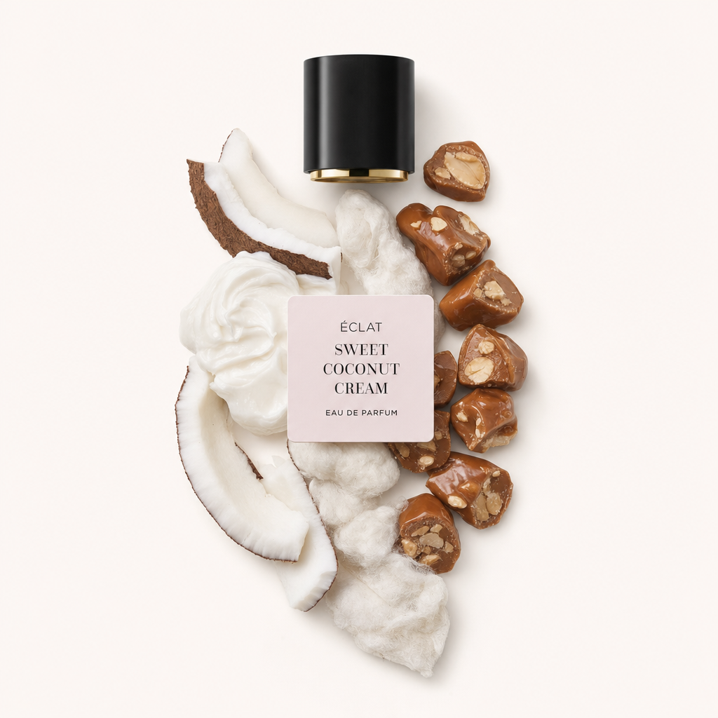 Un arrangement de tranches de noix de coco, de crème moelleuse et de morceaux de caramel entoure un capuchon noir avec une étiquette de ÉCLAT Sweet Coconut Cream.