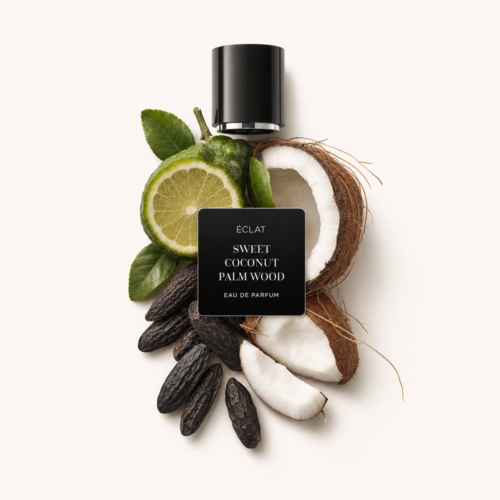 Un arrangement de tranches de noix de coco, agrumes verts avec des feuilles et graines séchées, sous un capuchon noir avec l'étiquette 'ÉCLAT Sweet Coconut Palm Wood'.
