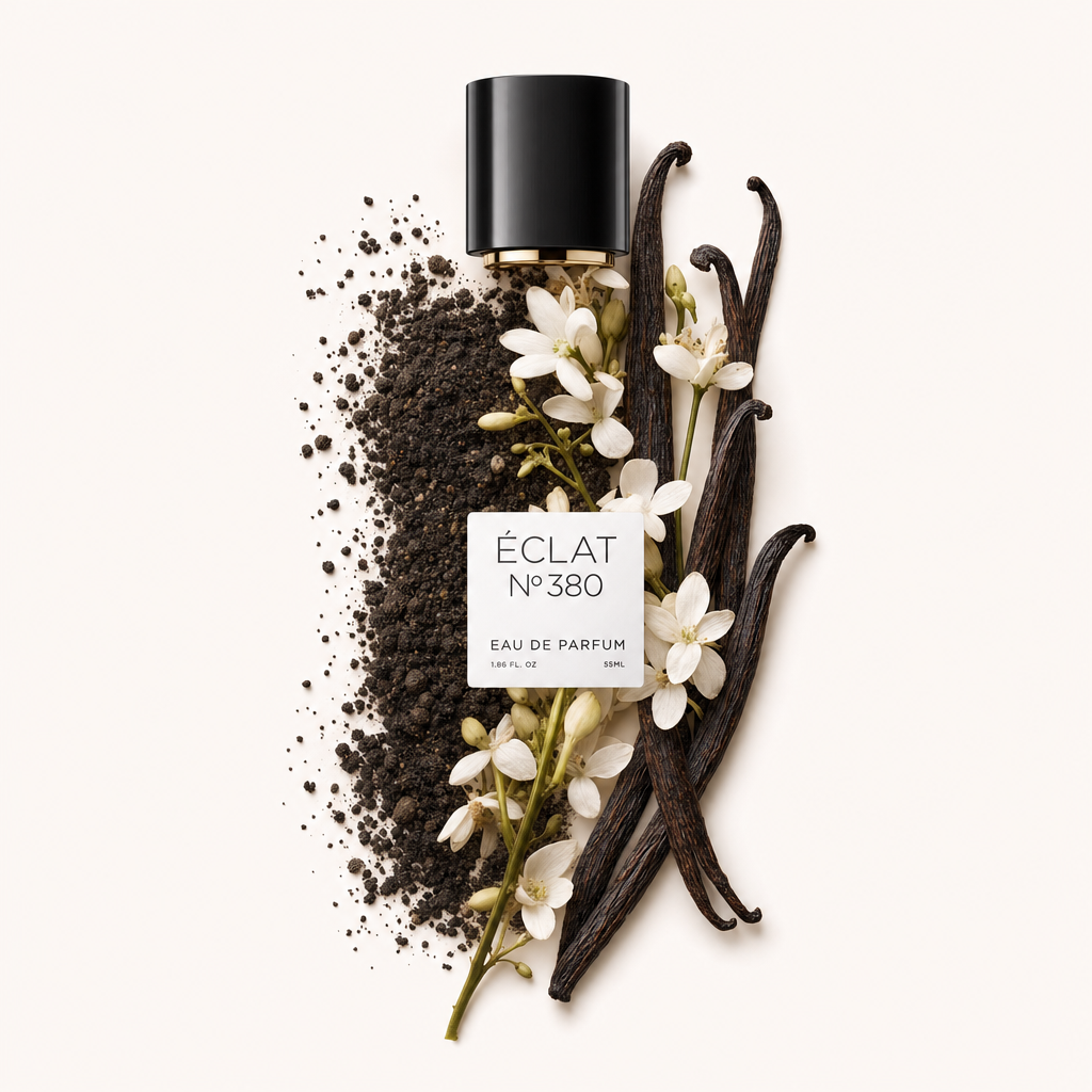 Une composition de gousses de vanille, fleurs blanches et terre avec un capuchon noir affichant l'étiquette ÉCLAT.