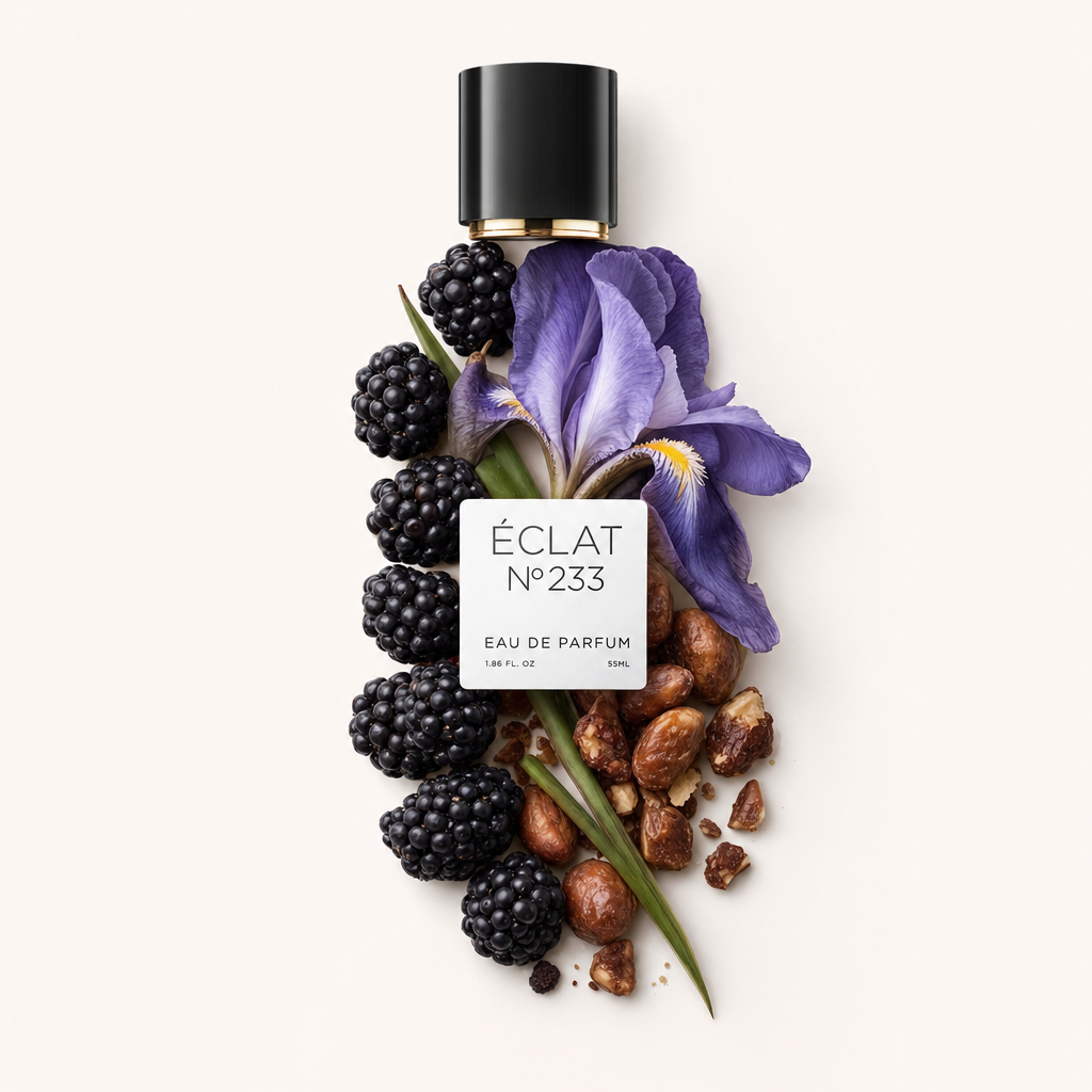 Un arrangement de mûres, fleur d'iris et noix avec le bouchon noir et l'étiquette d'ÉCLAT Sweet Iris, soulignant les notes clés du parfum.