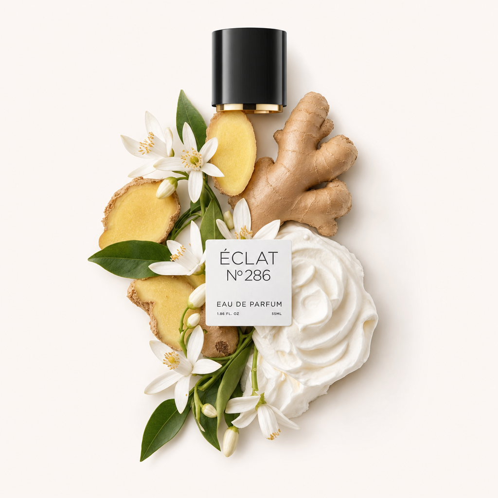 Um arranjo de flores de jasmim brancas, fatias de gengibre e redemoinho de creme em torno de uma tampa preta com etiqueta para ÉCLAT Sweet Jasmine Cream.