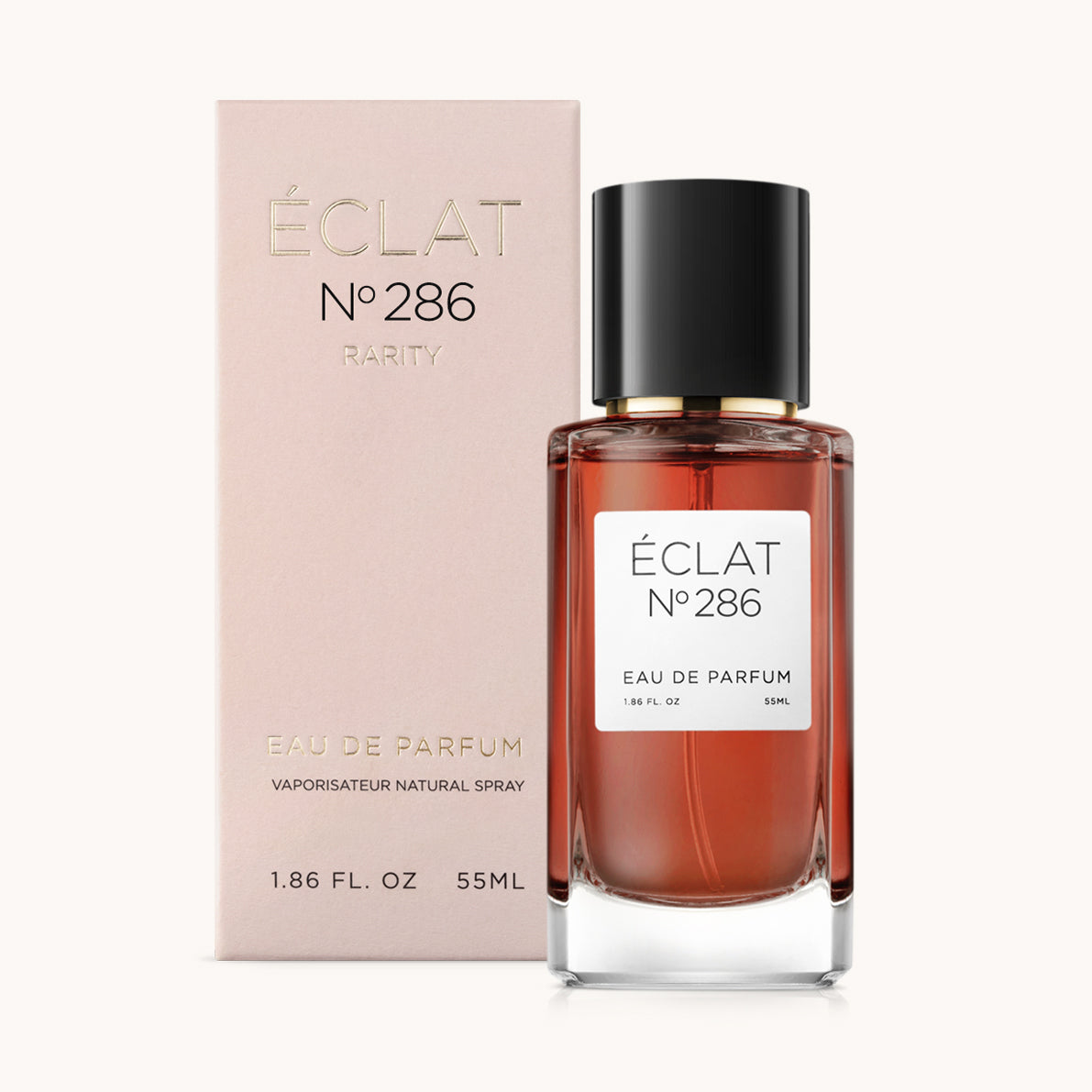 Gefacetteerde glazen fles van ÉCLAT Sweet Jasmine Cream met zwarte dop, naast een beige doos.