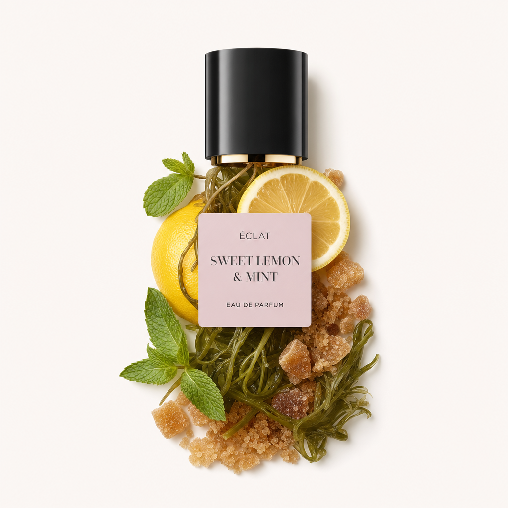 Un arrangement de tranches de citron, feuilles de menthe et cristaux de sucre entoure le capuchon noir ÉCLAT Sweet Lemon & Mint avec étiquette.